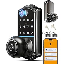 Veise VE018 Smart Knob Handle Lock - Fingerprint, App Control, Keyless Entry for Front Door and Bedroom, Electronic Digital Keypad, Auto Lock, Remote Access Sharing, IP55 Weatherproof, Matte Black