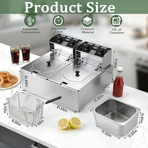 Miniatura 5 de Freidora eléctrica de 12 litros con canasta, freidora de aceite de encimera de 2500 W con temporizador y temperatura ajustable, olla de acero
