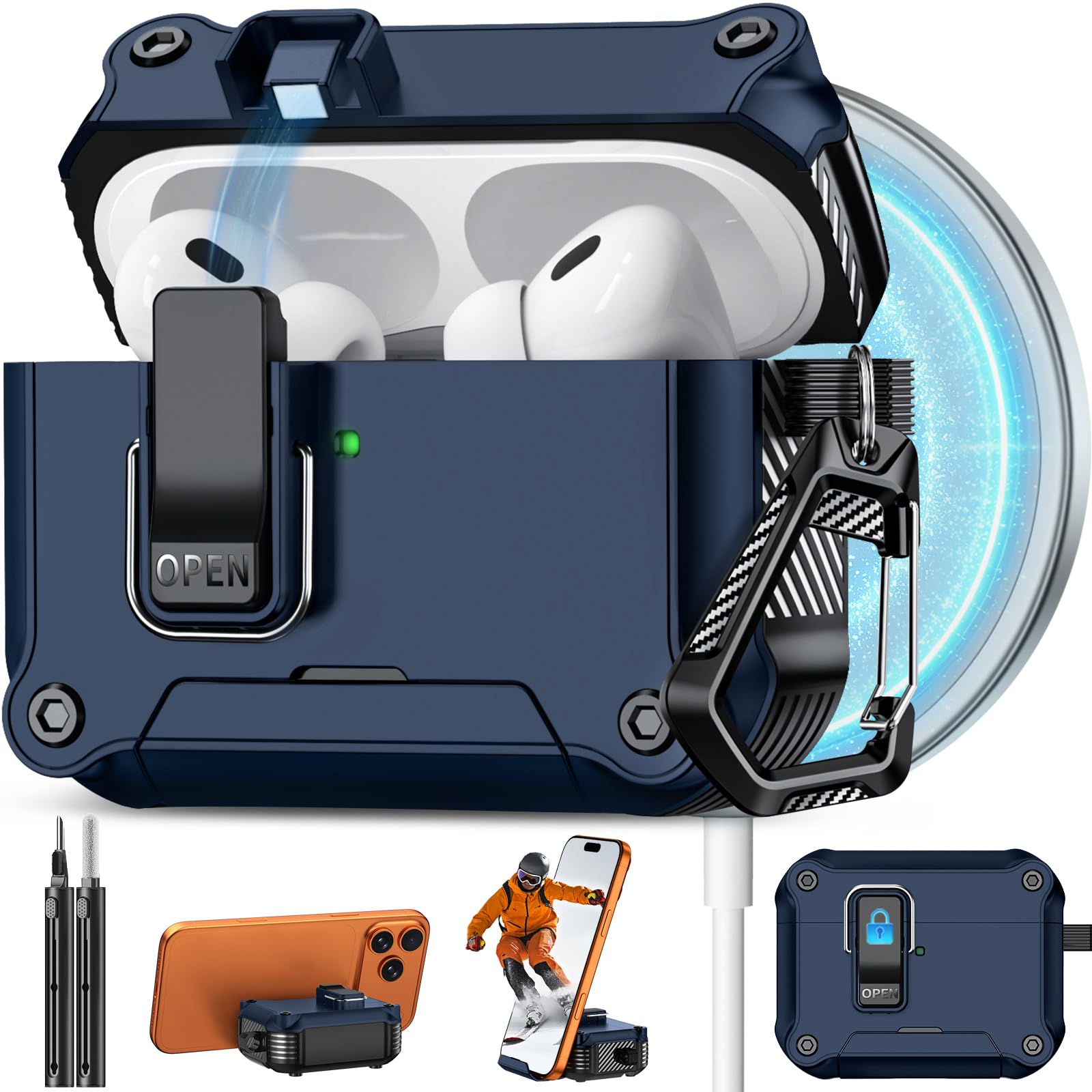 Pohgelan for AirPods Pro 2nd/1st Case with Safety Lock-Dark Blue