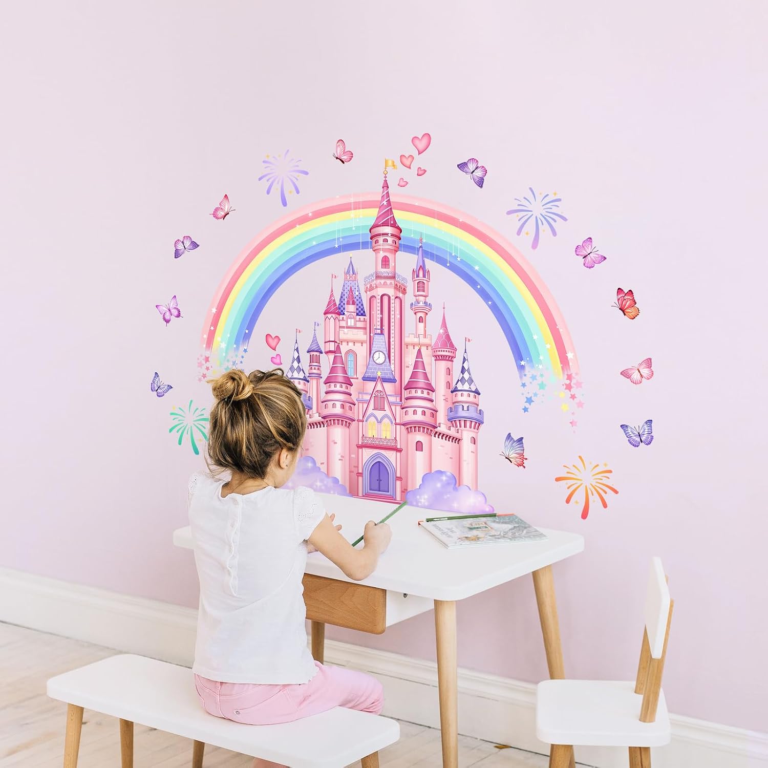Rainbow Castle Wall Stickers, Watercolor Fireworks Butterflies Wall Decals Peel and Stick Wall Decal Self Adhesive Home Decor for Girls Nursery Kids Room