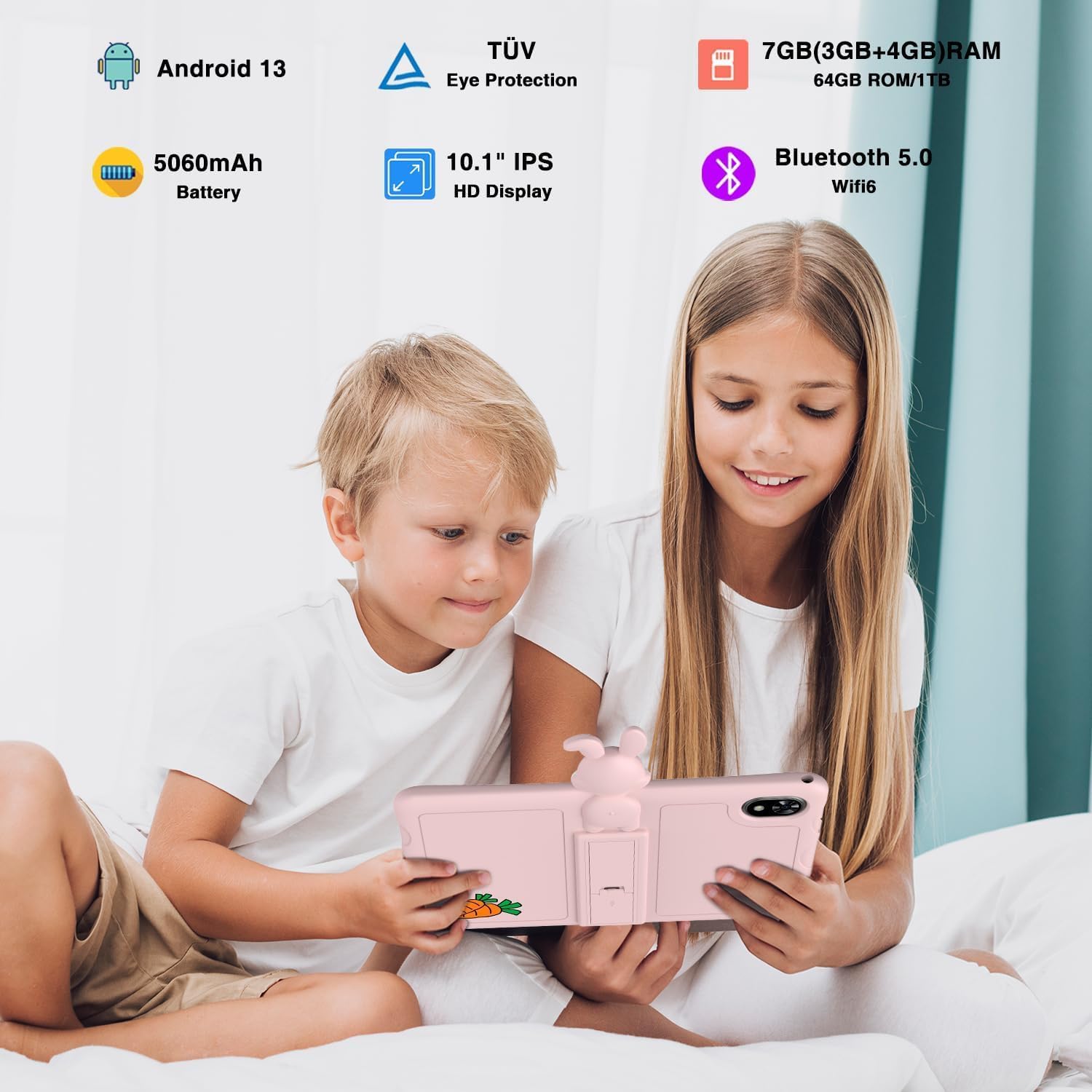 Two children using the DOOGEE U9 Kid Tablet, with icons highlighting Android 13, TÜV Eye Protection, 7GB RAM, 5060mAh Battery, 10.1 inch IPS HD Display, Bluetooth 5.0, and WiFi 6.