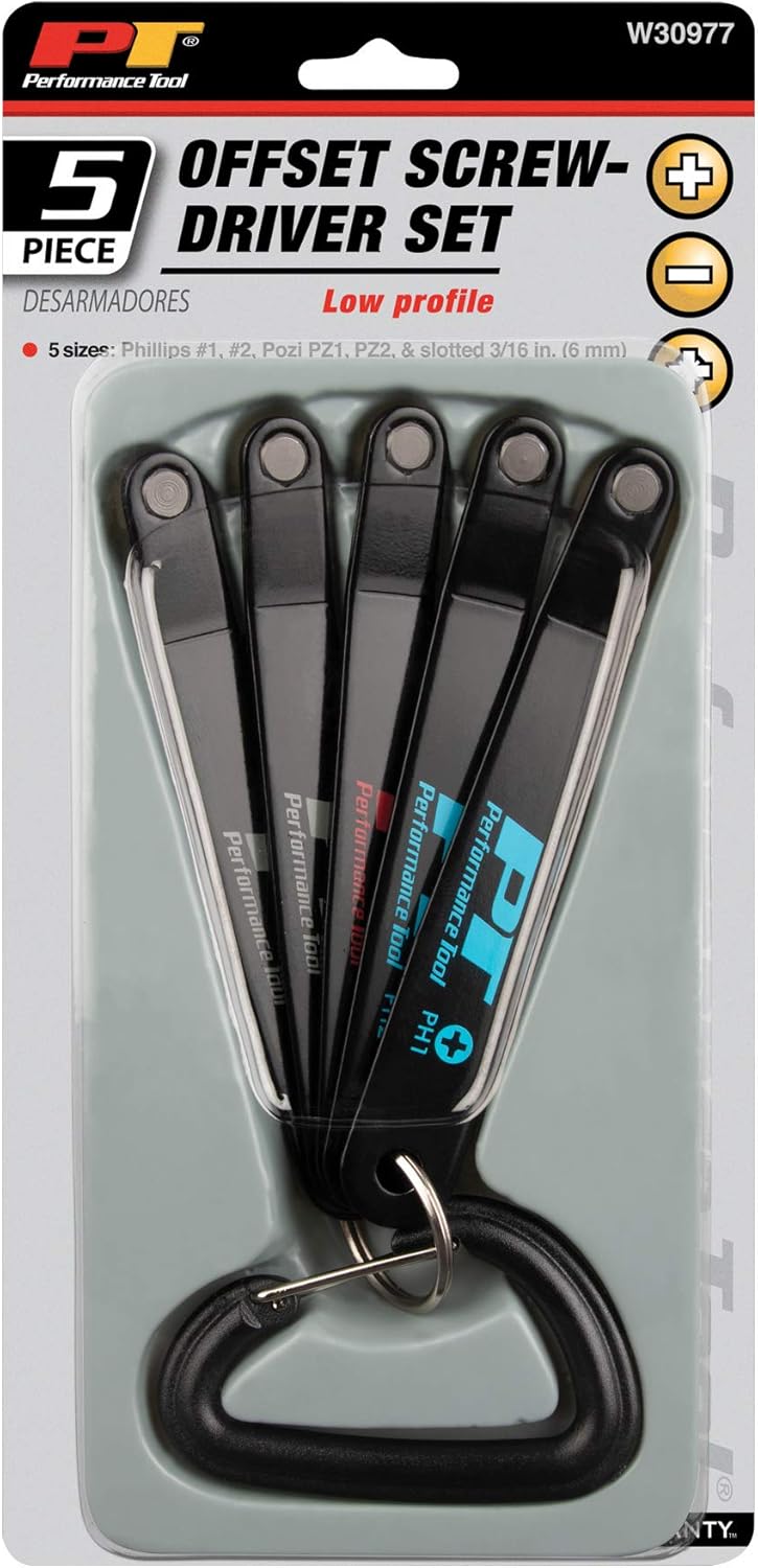 Performance Tool W30977 Low Profile Offset Screwdriver Set with 5 Popular Sizes, Corrosion-Resistant Steel Handles, and Compact Storage