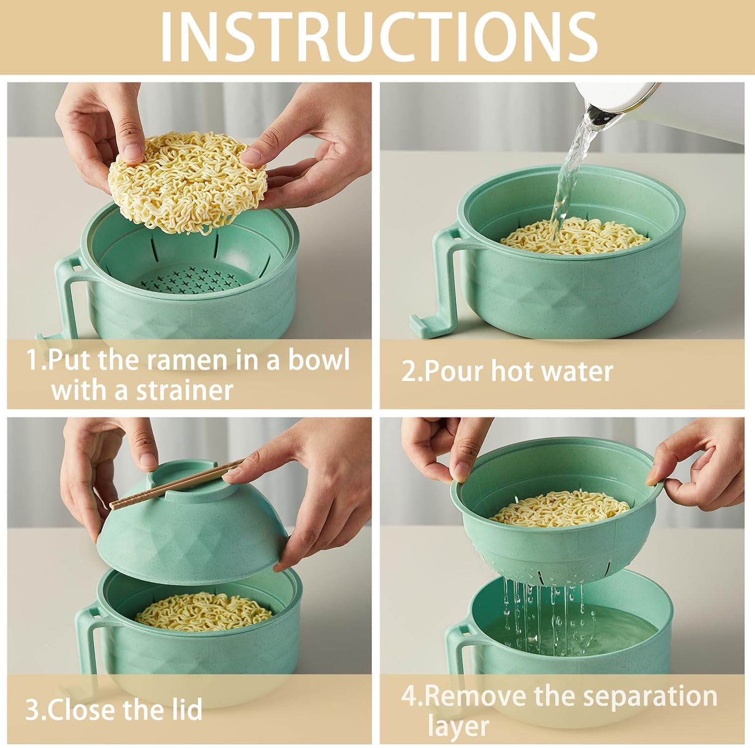 2 Sets 40 oz Microwave Ramen Bowl with Handles, Green,Blue image 4