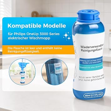 60 ML Reusable Replacement Bottle for Philips OneUp 3000 / 5000 Series Electric Mop, Refillable with Any Cleaning Fluid of Your Choice, Leak-Proof PP Bottle, 2.11 FL OZ