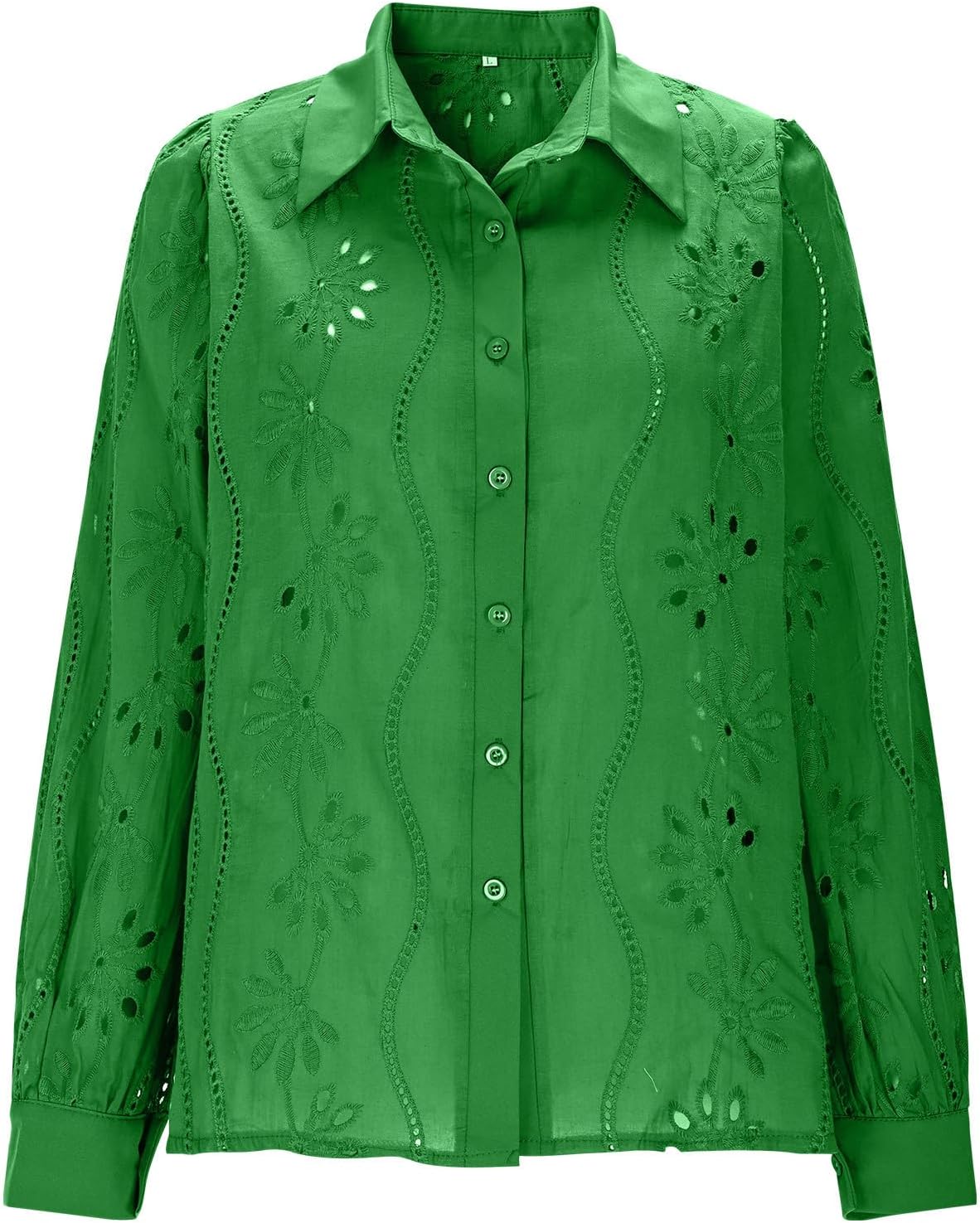 Women's Button Down Shirts Long Sleeve Eyelet Dressy Casual Loose Lapel Collared Blouse Spring Fall Work Clothes