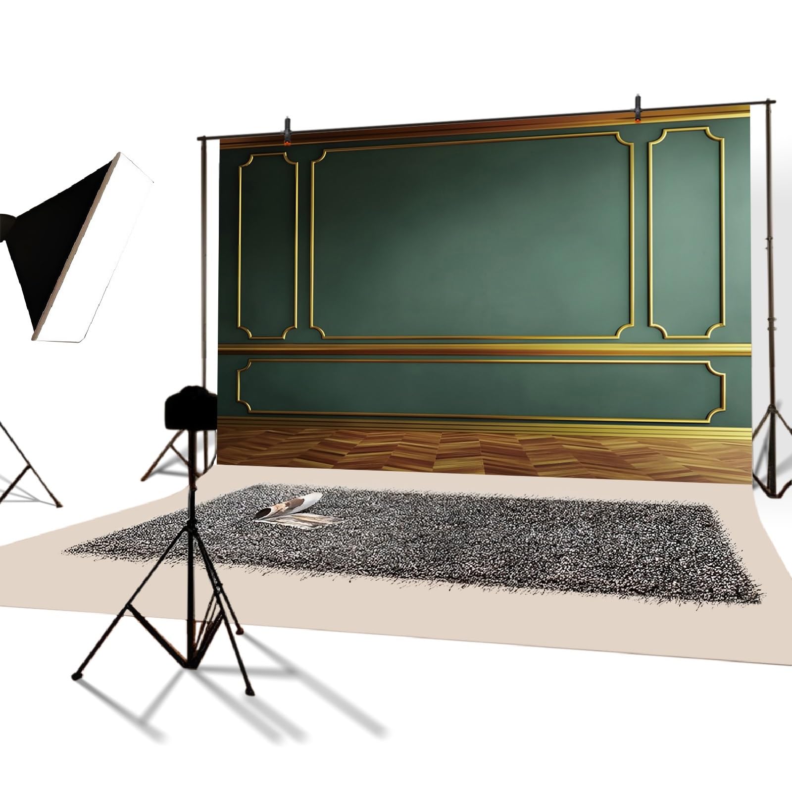 YongFoto 3x2m Parete interna Sfondo Fotografia Oro verde Stanza vuota interna Pavimento in legno Sfondo per affari Ufficio Soggiorno Studio fotografico di famiglia Prop per fotografo Immagini