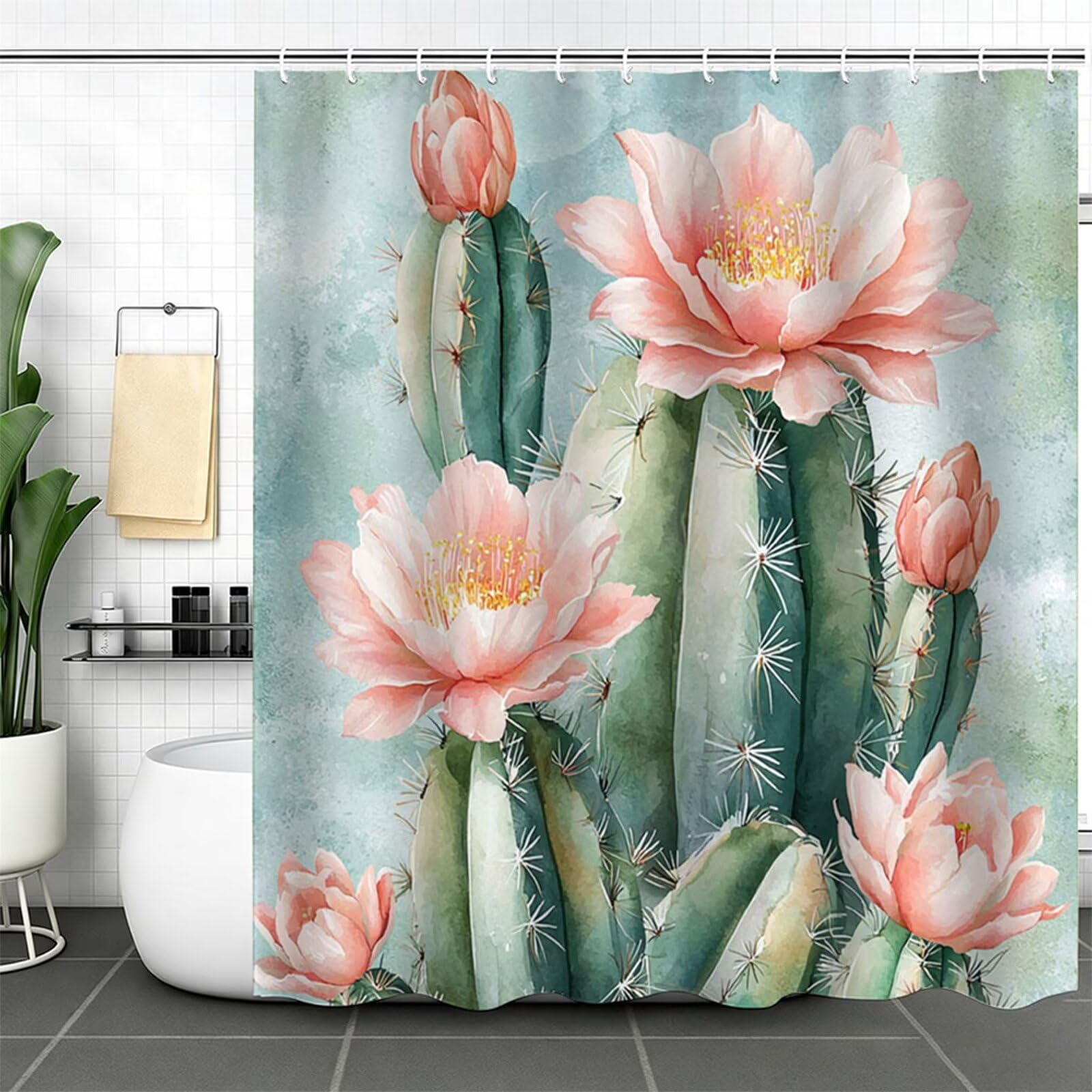 Verde Oliva Cortina de Ducha 240x200cm,Tela Poliéster Impermeable con 12 Ganchos,Secado Rápido Cortinas de Baño Lavables,Shower Curtain Resistente Humedad,Decoracion Hogar Cactus Cortina Ducha J-564