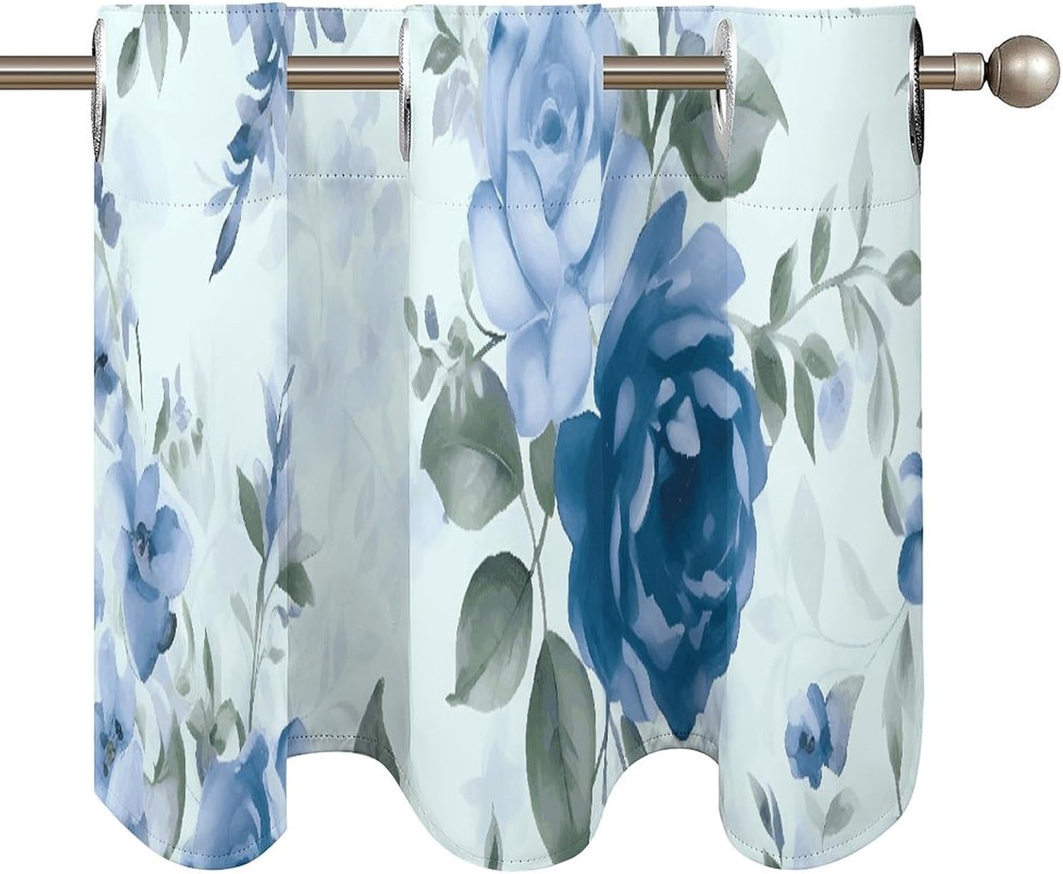 Blue Flower Floral Pattern Roses Valance for Windows, 2 Pack Kitchen Curtains Modern Home Decor, Soft Blackout Window Curtains for Living Room & Bedroom, 18 X 52 Inch