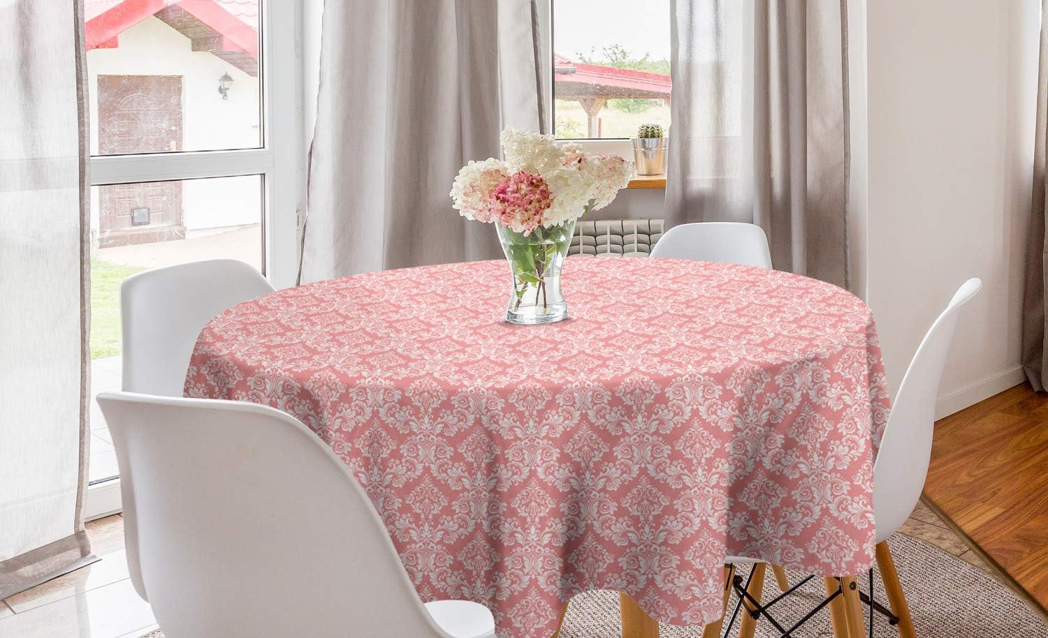 Lunarable Pink Damask Round Tablecloth, Baroque Style Flourishing Ornamental Blossomed Floral Pattern Medieval, Circle Table Cloth Cover for Dining Room Kitchen Decoration, 60", Coral and White
