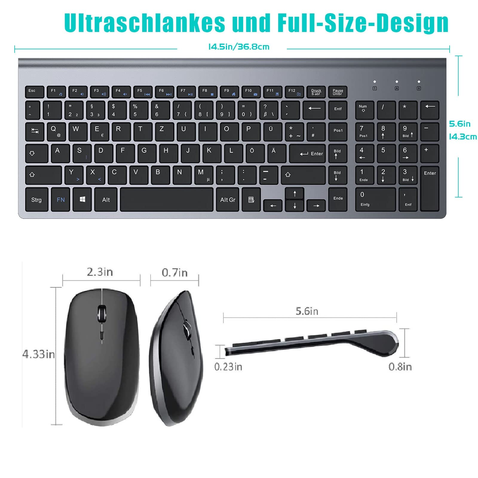 Set Tastiera E Mouse Wireless GALENMORO: QWERTZ Silenzioso, Ultra Sottile, Nano USB Per PC/Laptop/Smart TV – Nero