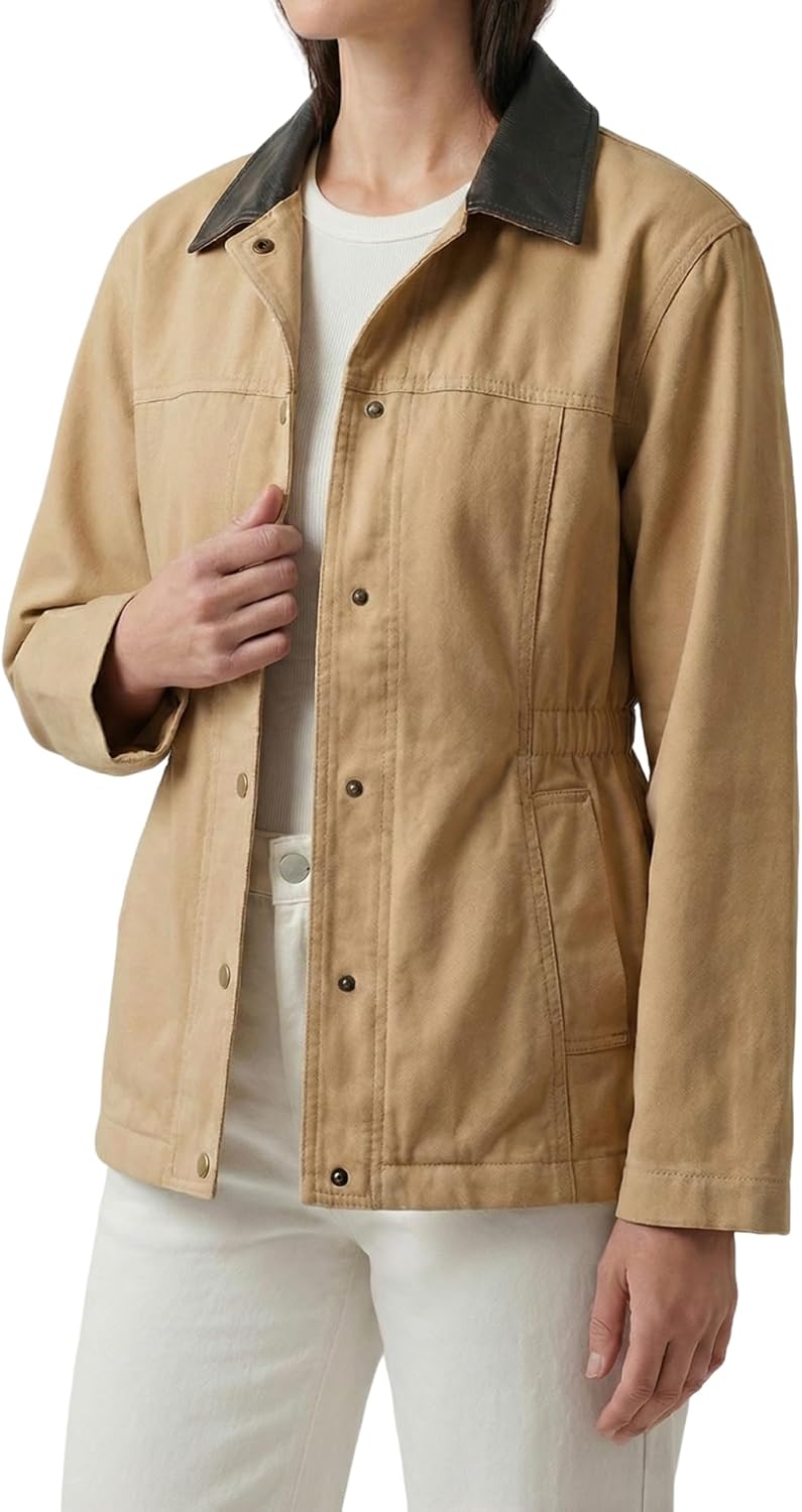 Barn Jackets for Women Contrast Collar Utility Jacket Zip Up Drawstring Waist Barn Coats 2025 with Pocket