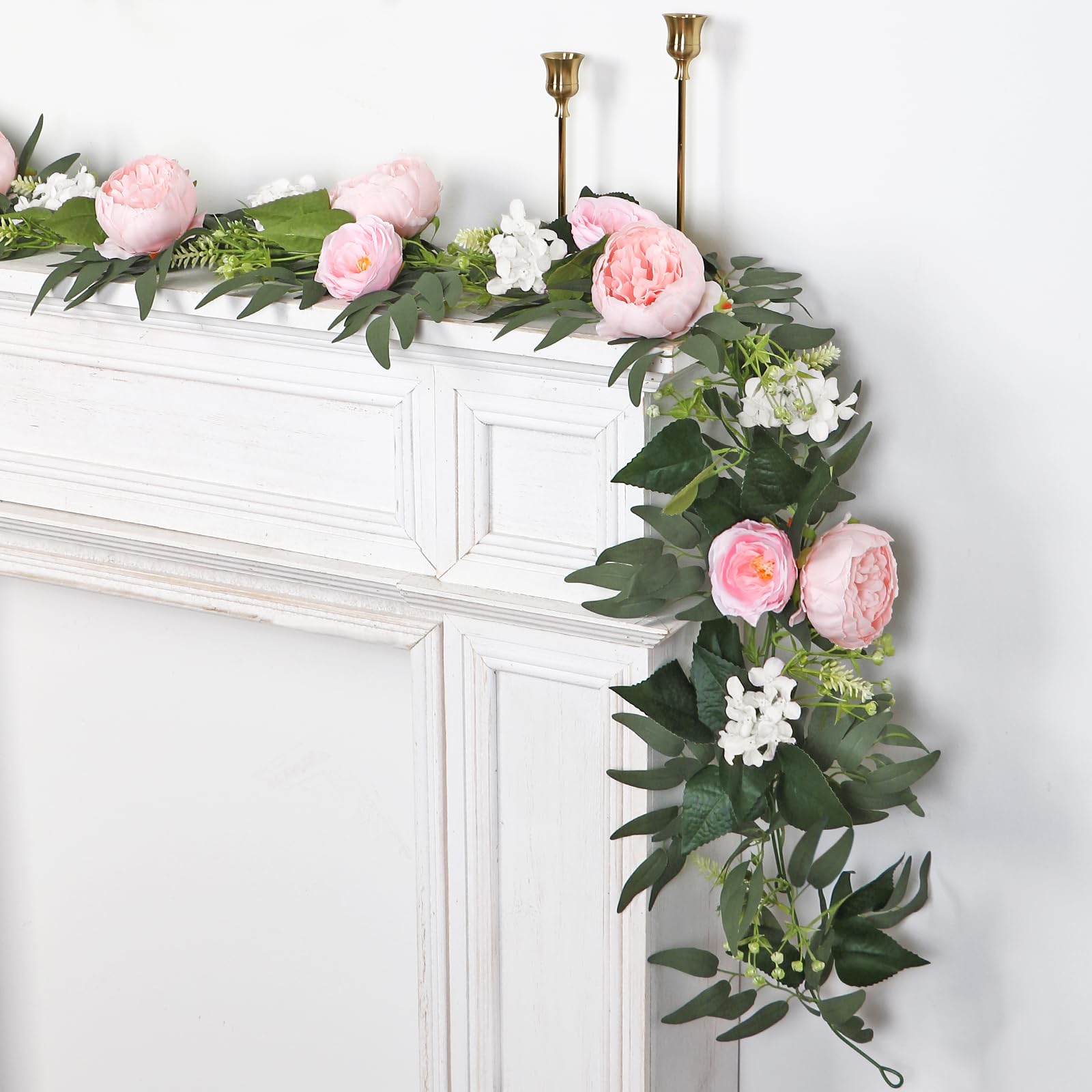 Künstliche Blumen Girlande Eukalyptus Girlande Vintage Gefälschte Blume Pfingstrose Rosenrebe Grün Dekorative Wandbehangpflanze für Hochzeitsbogen Türanordnung Party (4 Girlande, Hellrosa)