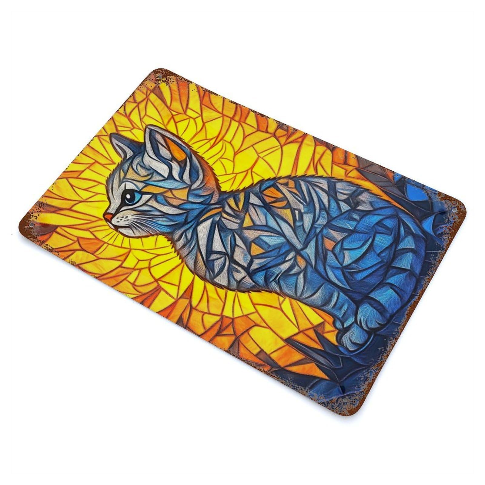 Retro Metal Sign with Stained Glass Kitten Design 11.8"x7.9", for Living Room, Hallway And Home Decor, Farmhouse Wall Decor