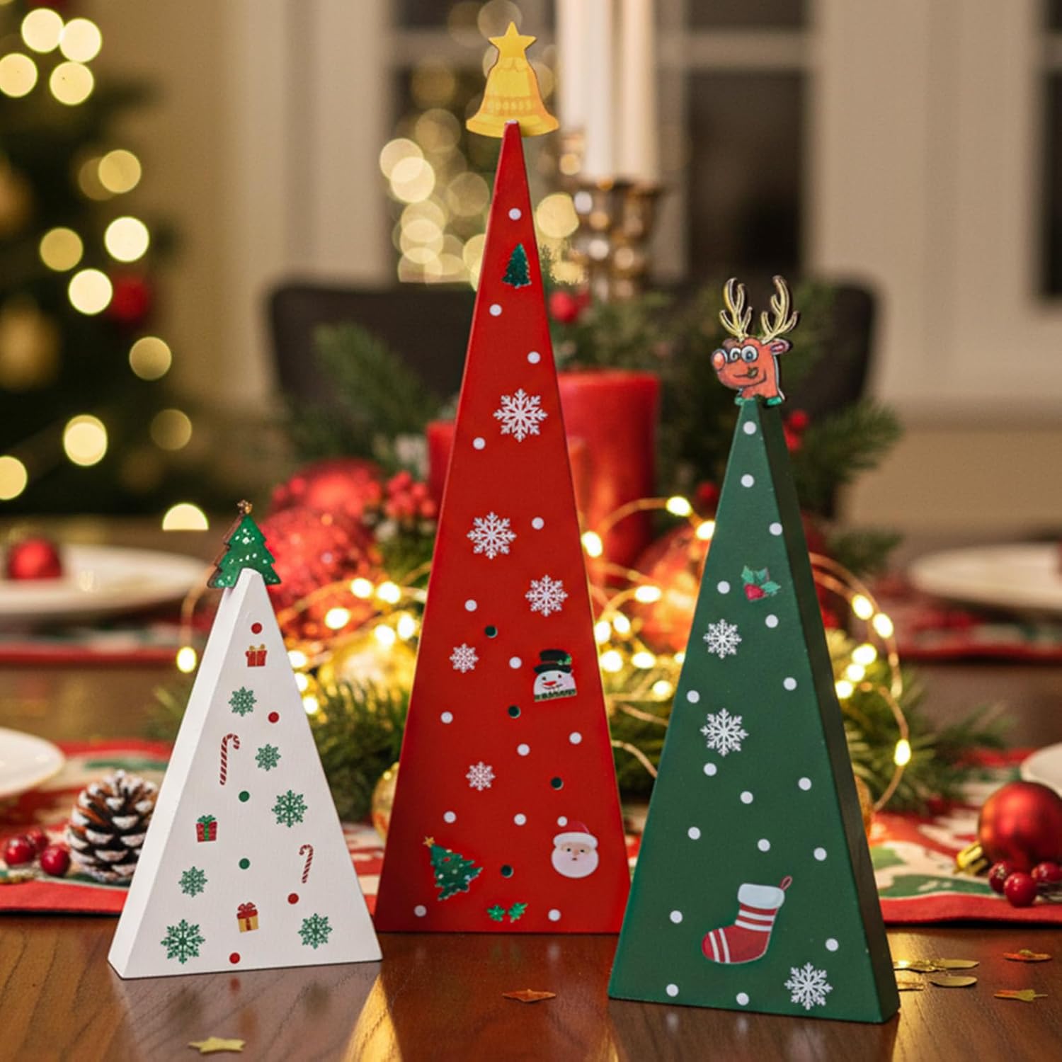 Amyhill 3 Pcs Wooden Christmas Tree Table Centerpiece with Reindeer Bell Rustic Farmhouse Christmas Tabletop Decoration Tiered Tray Sign for Xmas Holiday Fireplace Mantel Shelf Home Decor - Image 5