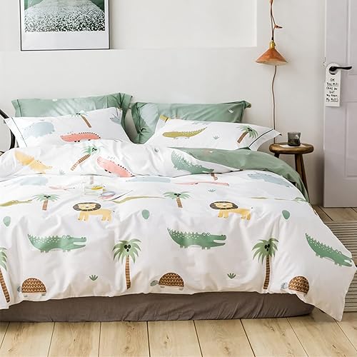 LIWHENHAO Juego de funda de edredón de zoológico, tamaño Queen, 100% algodón, ropa de cama de dibujos animados, león, elefante, cocodrilo, sobre