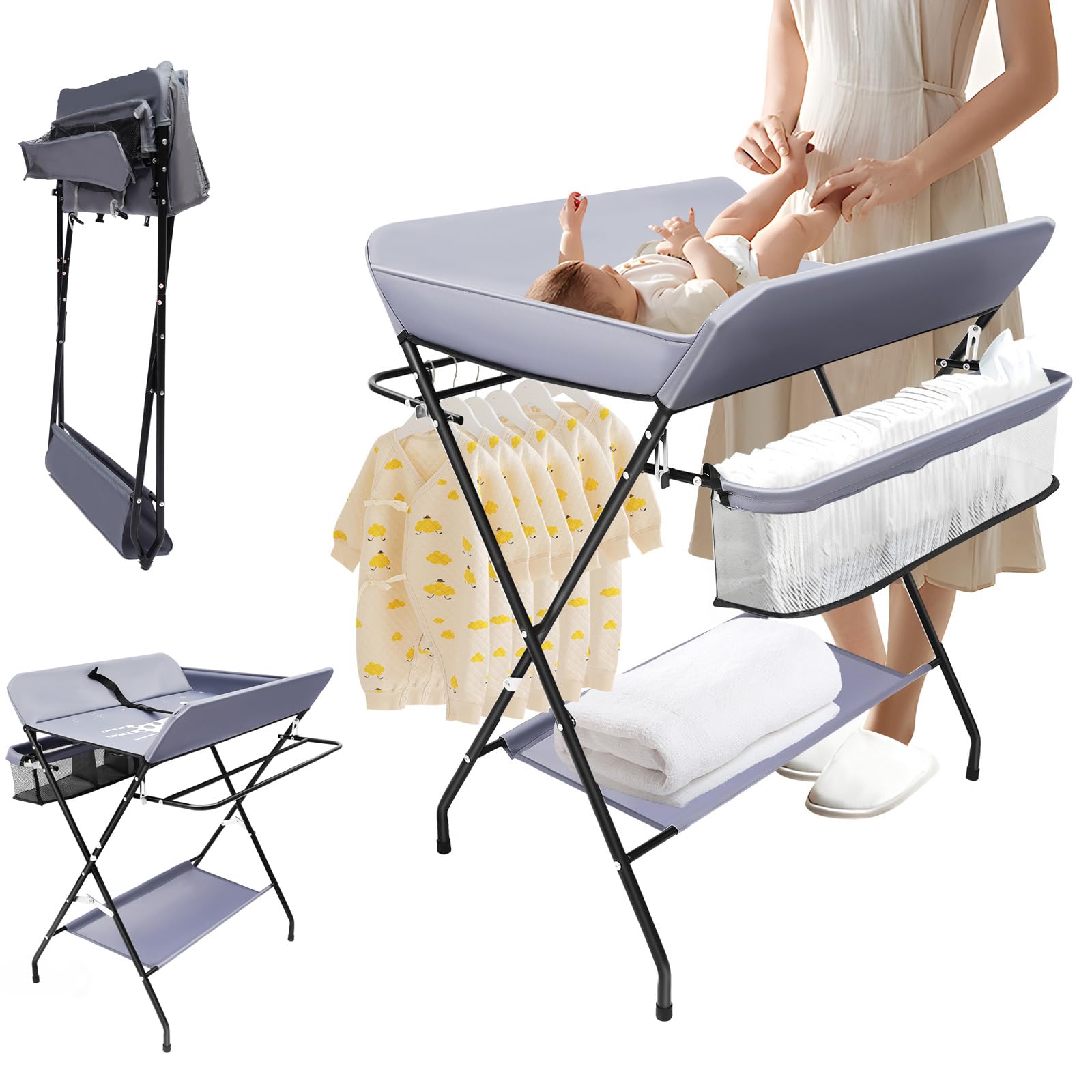 Cambiador portátil plegable 3 en 1 | Cambiador móvil | Changing Table con cesta lateral, correa y valla de seguridad | Cómoda para cambiar pañales y cambiar pañales para bebés