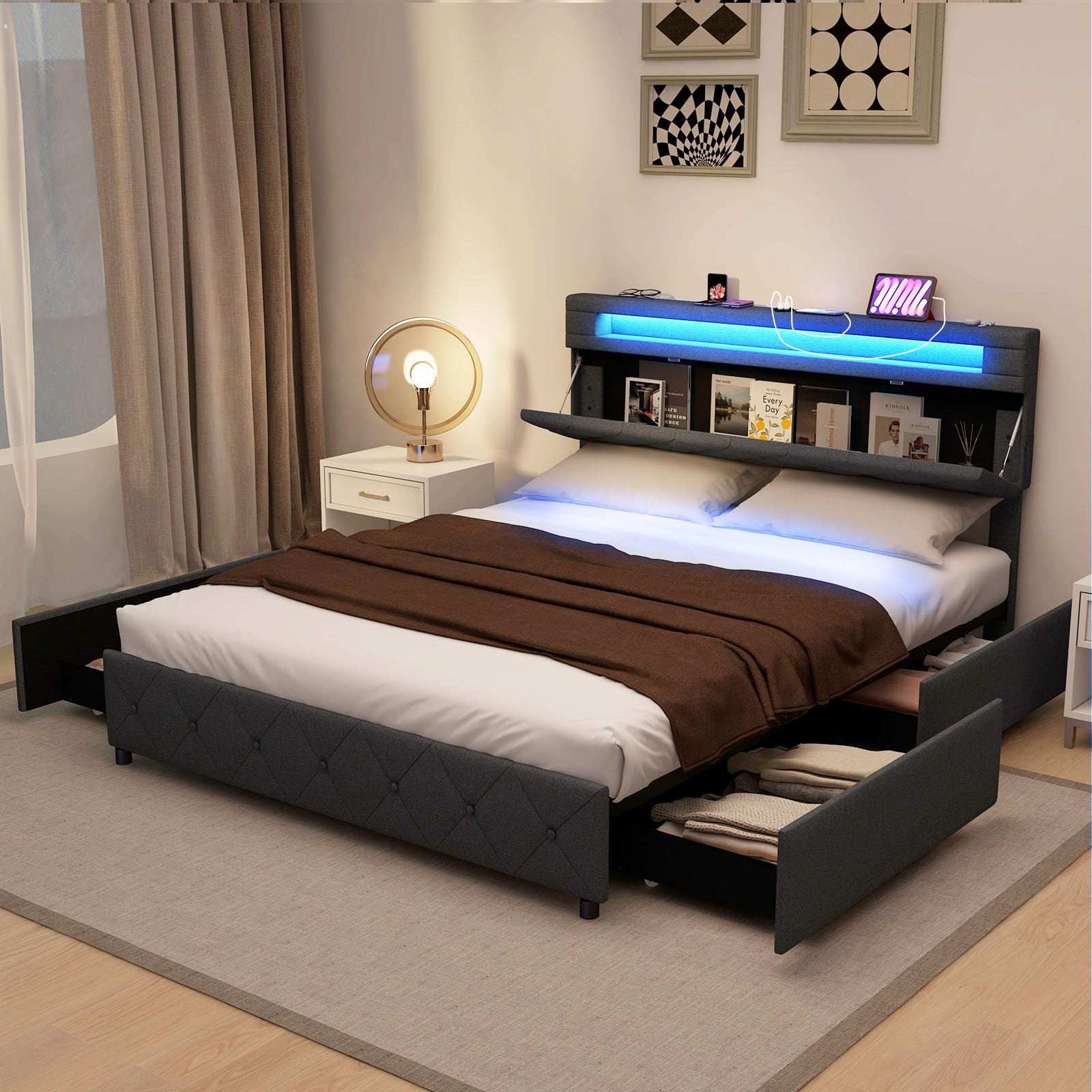 RELAX4LIFE King Size Bed Frame, 5FT Upholstered Platform Bed Base with LED Lights, 2 Charging Ports, 4 Storage Drawers & Adjustable Headboard, Wooden Slat Support Mattress Foundation