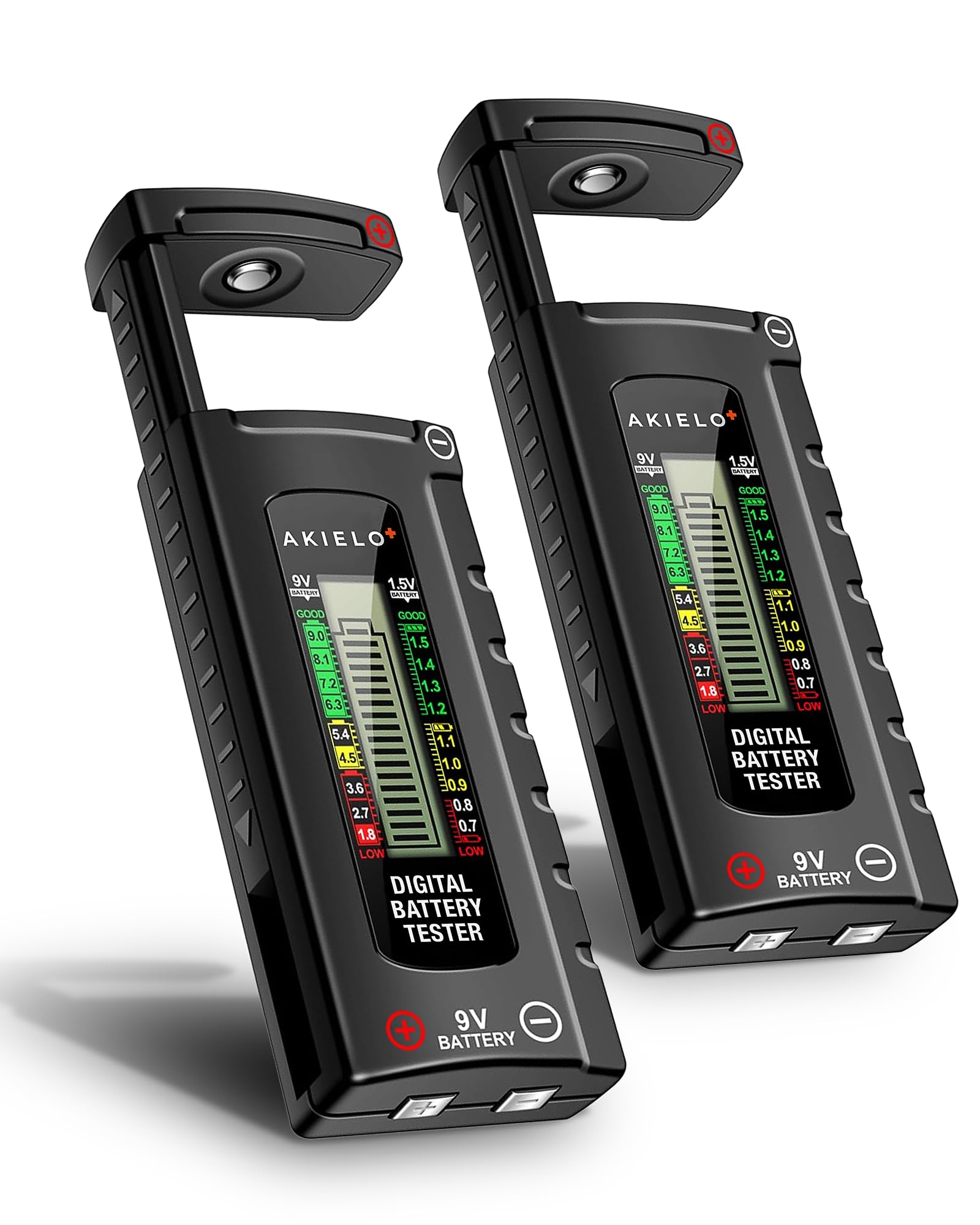 AKIELO+ Digitaler Batterietester (2er-Pack) mit LCD Anzeige – Universal Batterie Tester & präzises Batterieprüfgerät für Haushalt – Für AAA, AA, C, D, 9V & 1,5V Knopfzellen