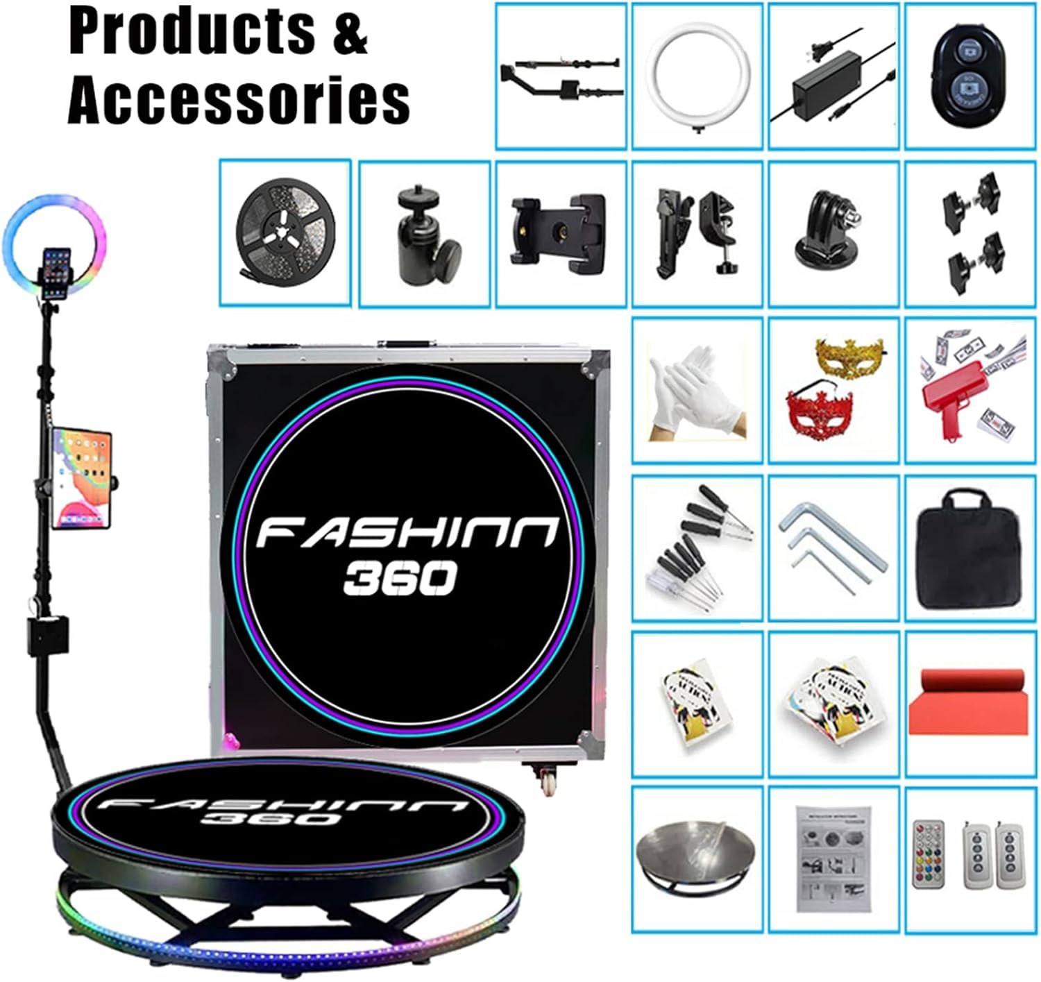 FotoCabina 360° con Telecomando e Custodia, Cabina Video Slow Motion per Feste e Matrimoni, Supporto Multi-Dispositivo e Luce Anello - Strumento Professionale per Eventi e Social Media,100cm