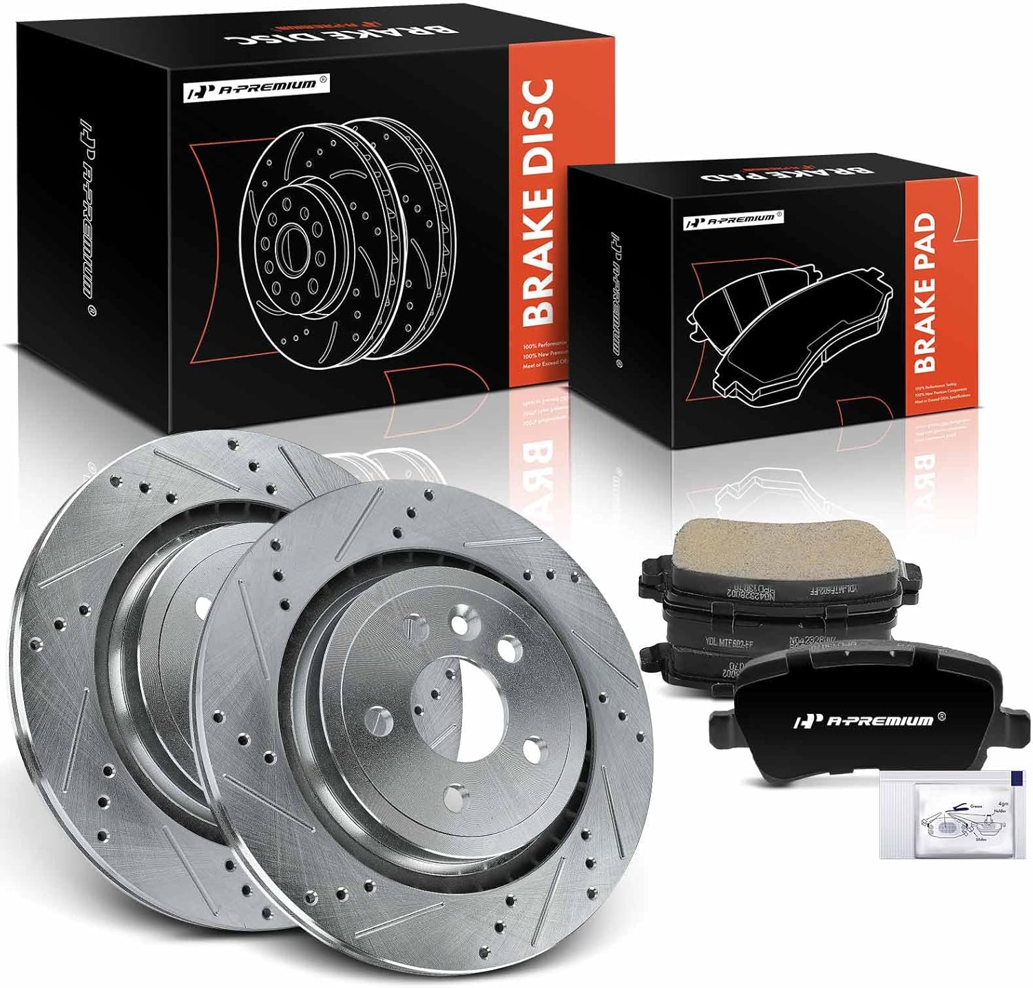 A-Premium 6-PC Set 11.89 in (302 mm) Rear Drilled and Slotted Disc Brake Rotors + Ceramic Pads Kit Compatible with Volvo S60 2011-2018, XC70 2008-2016, S80 07-16, V60 15-18, V70 2010