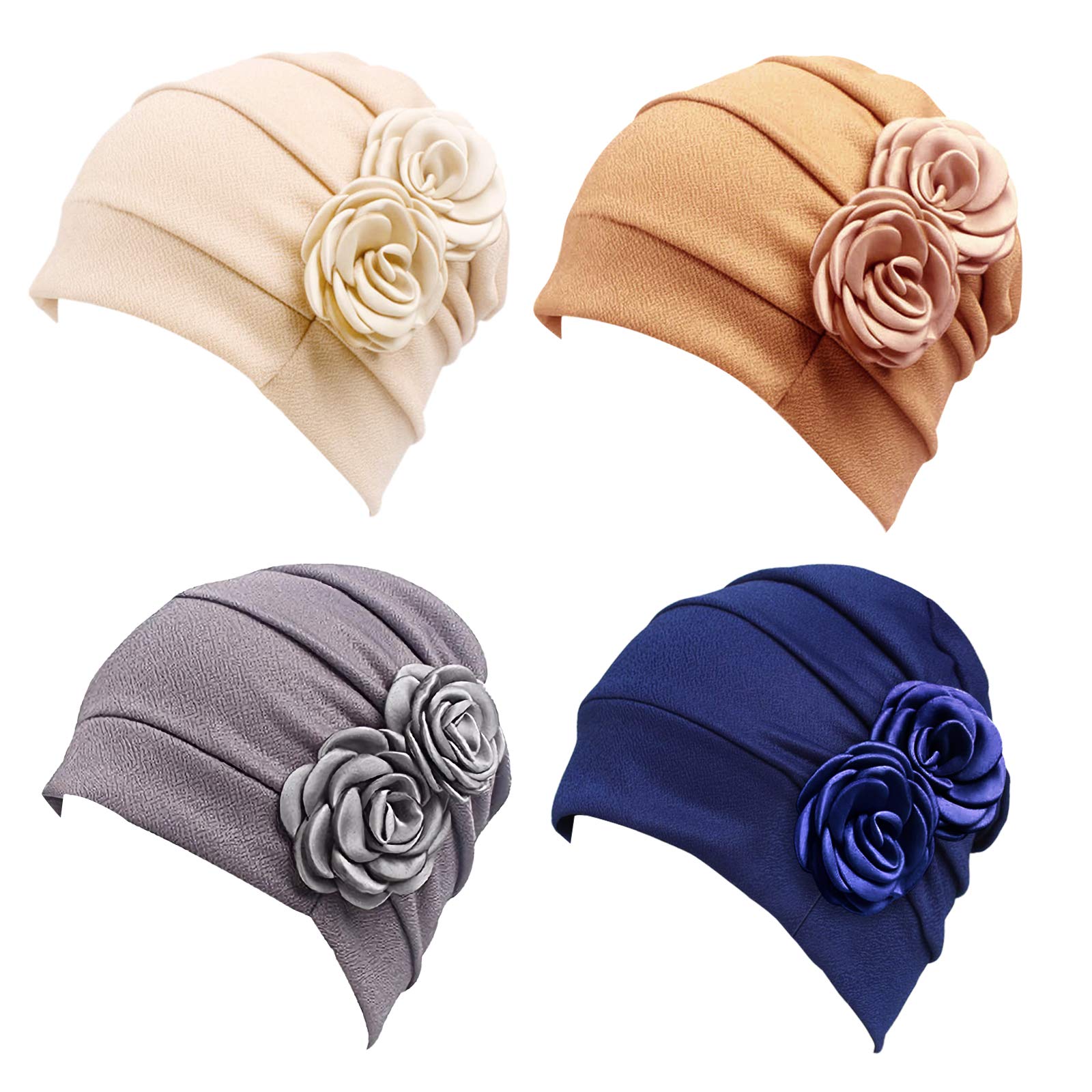 PHOGARY 4 Piezas Turbantes para Mujer, Pañuelos Quimioterapia, Gorros Oncologicos, Pañuelo Cabeza Pelo Largo Verano Turbante para Mujer Cáncer Pérdida De Pelo Estilo Flor Sombreros