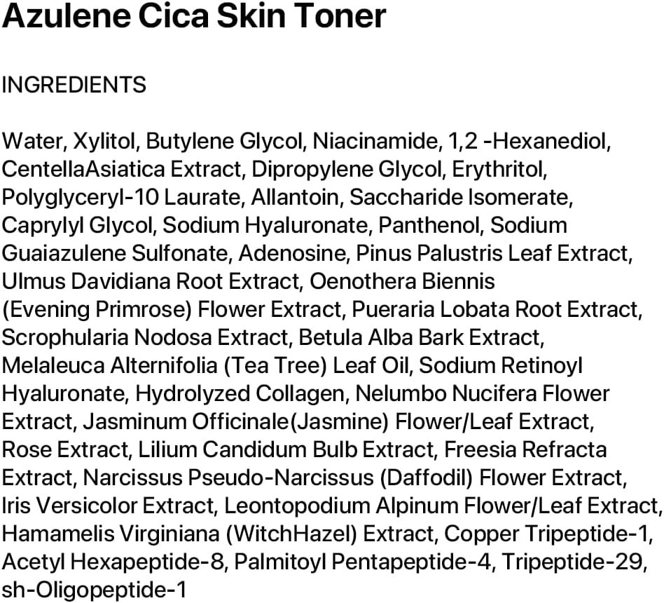 Le Nubele Azulene CICA Skin Toner for Clear Skin, Azulene 600ppm, Centella Asiatica 5000ppm, Hydrating, Non-Comedogenic, Calming, Redness Relief, Fungal Acne Safe, Korean Skin Care, 120ml/4.05 fl.oz.