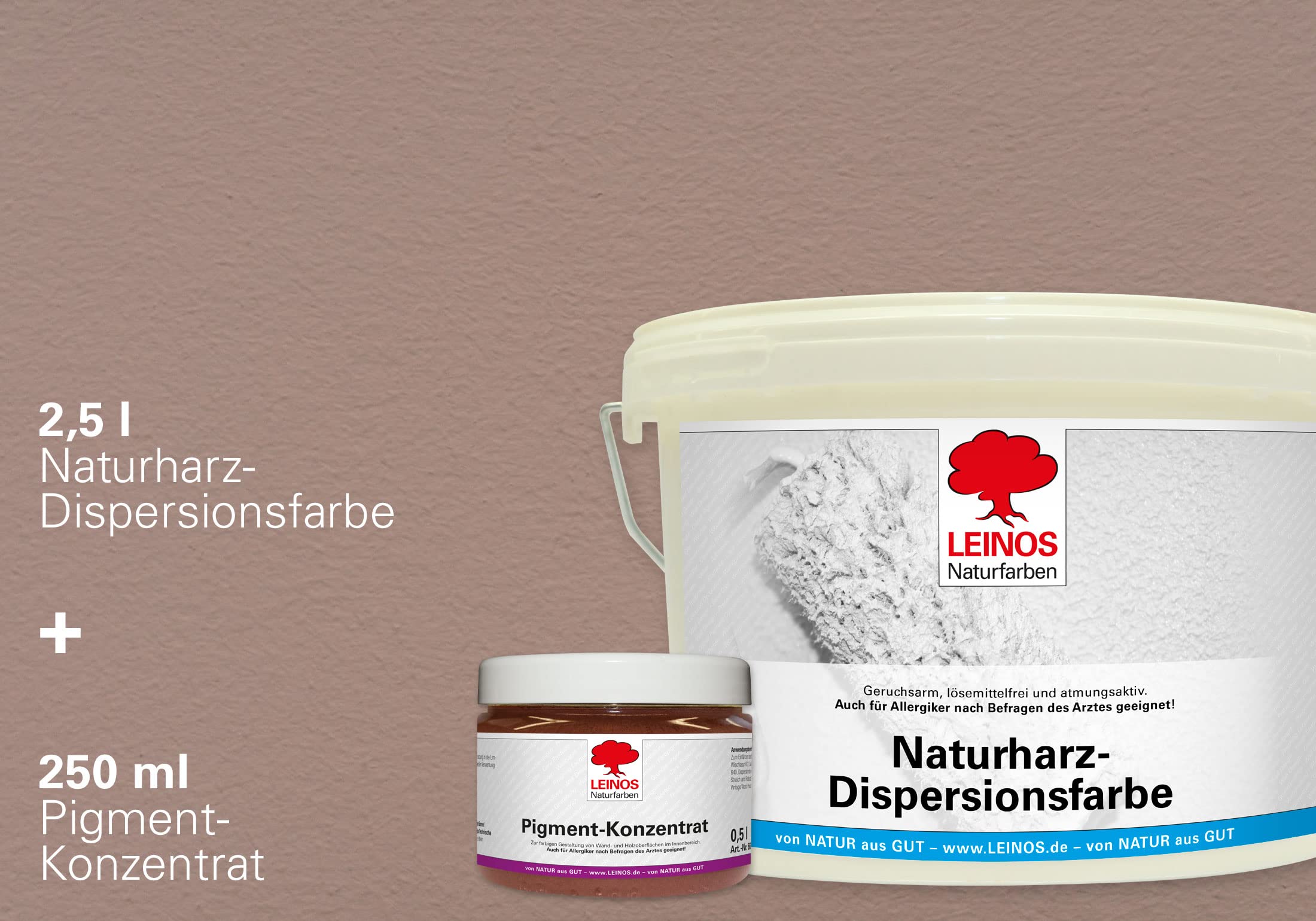 LEINOS Set de pintura para paredes (2,5 l, resina natural de emulsión 660 + 250 ml, pigmento concentrado 668.306), óxido de hierro y caoba