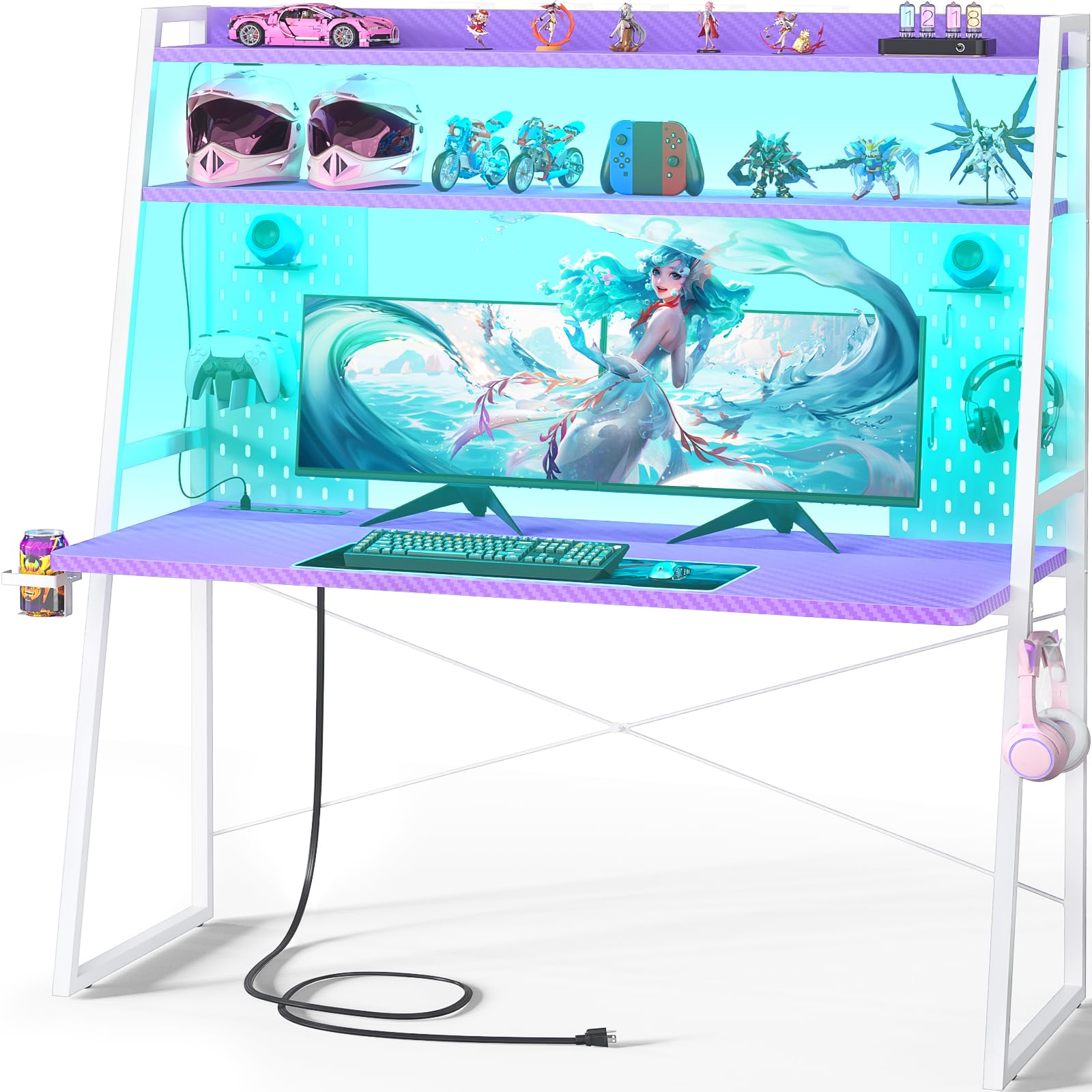 Besiost Gaming Desk with Hutch and LED Lights, Gaming Computer Desk with Power Outlets, Gamer Desk with Storage Shelves, PC Gamings Desk with