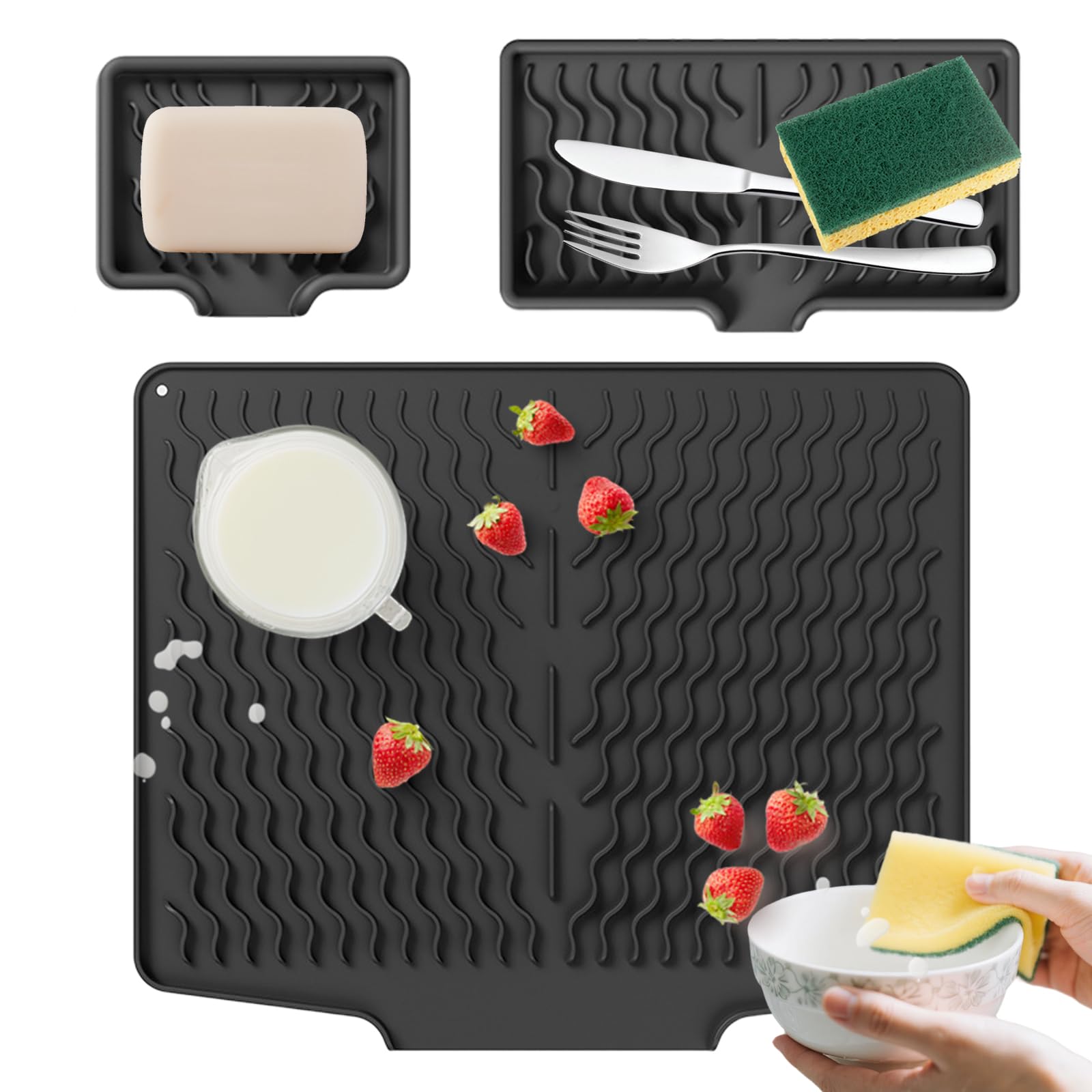 RoseFlower Silicone Draining Mat, Heatproof & Non-Slip Draining Board Mats for Kitchen Counter, Large Opening Fast-Drying Drain Pad for Placemats, Drip Tray, Sink, Dish Rack, Pack of 3 (S,M,L)