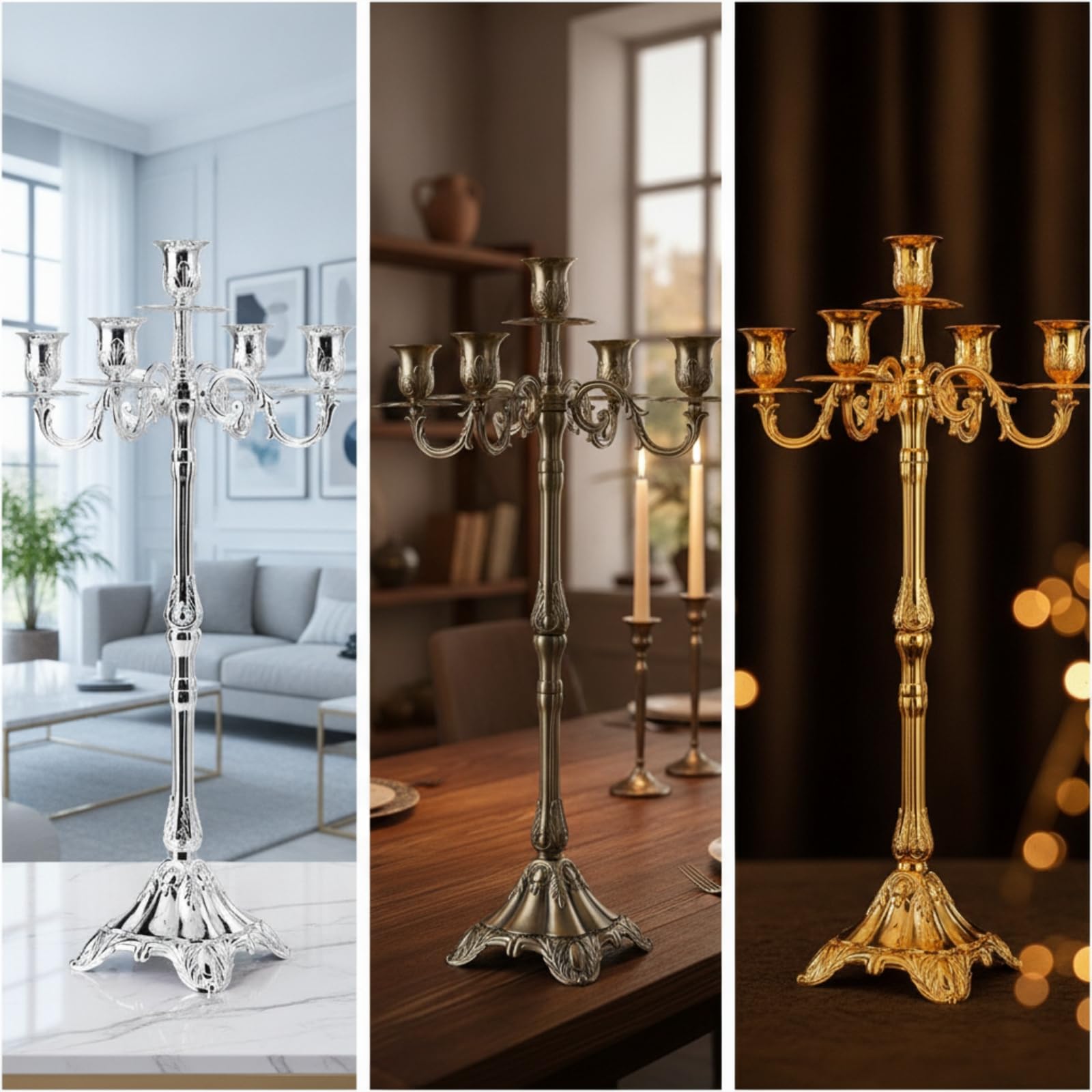 Candelabro a Cinque Braccia Elegante, Argento, 65 Cm