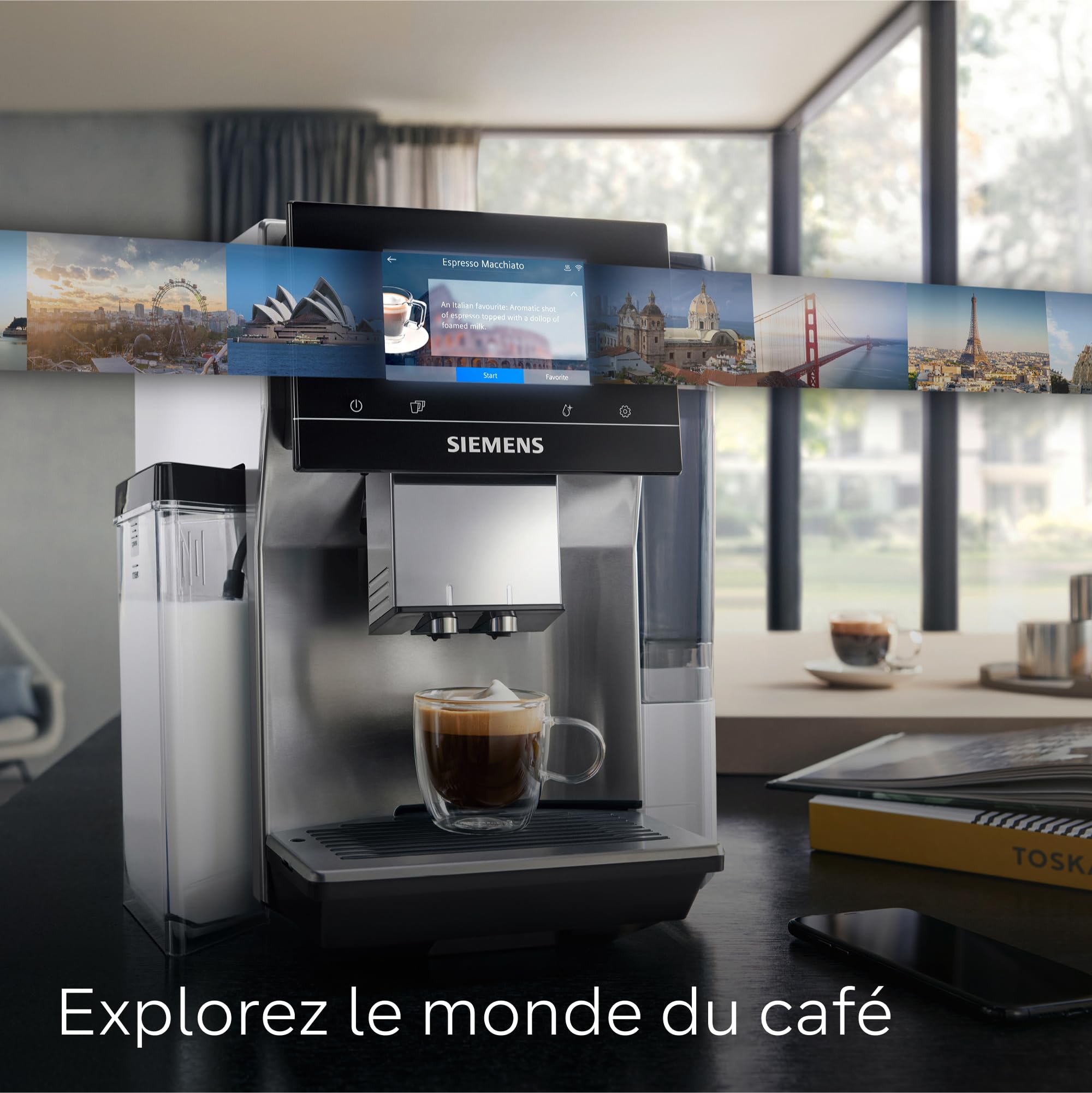 SIEMENS, machine à café à grain automatique, EQ700, écran iSelect, coffeeWorld, Cold Brew, Slow Brew, bac à lait, adaptateur briques de lait, Home Connect, acier inoxydable, blanc, TQ715R03 integral