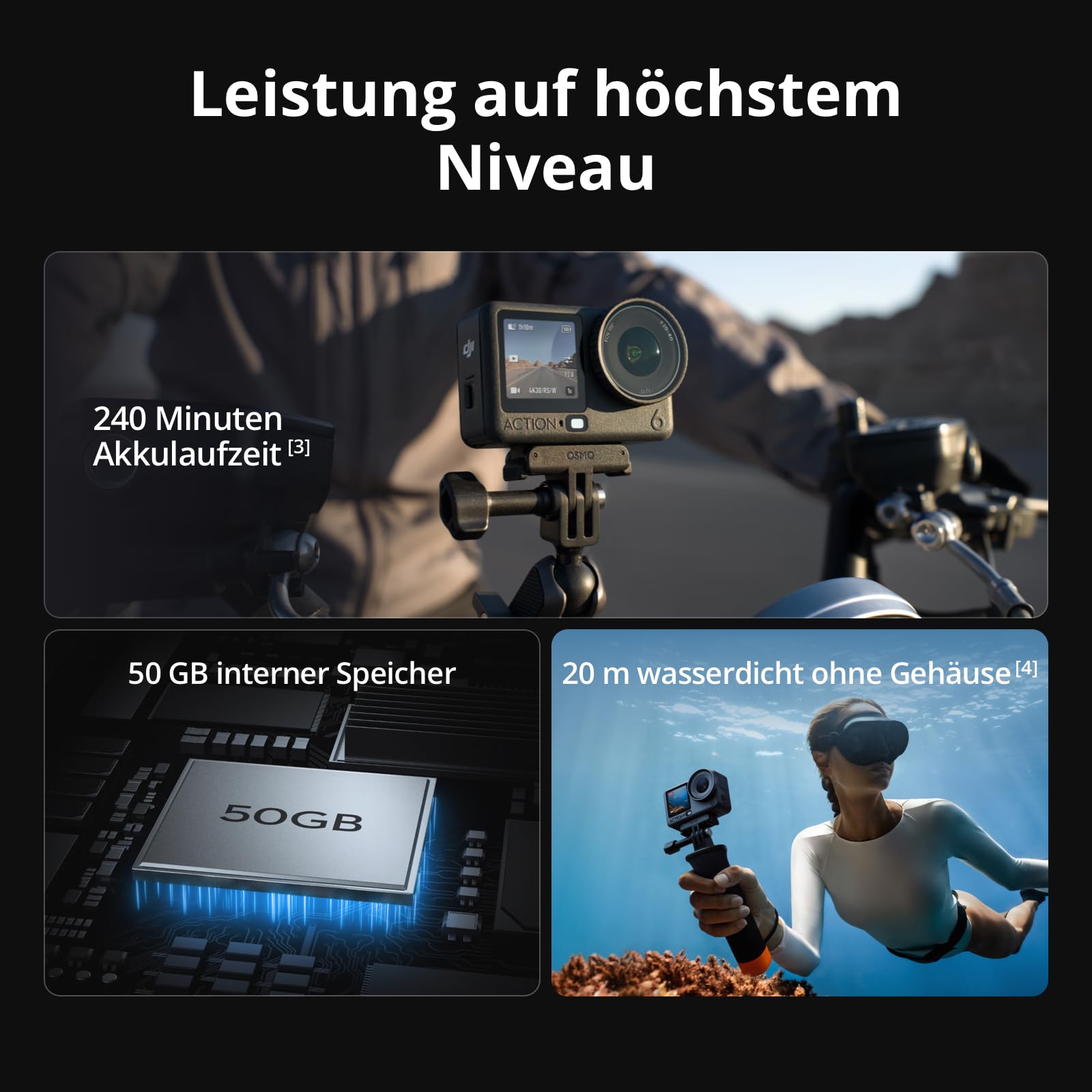 DJI Osmo Action 6 Standard Combo, Unterwasser-Action-Cam, Kamera, 1/1,1-Zoll-Quadratsensor, 50 GB Speicher, Variable Blende f/2,0 bis f/4,0, kältebeständig, bis zu 4 Std. Akkulaufzeit, 8K