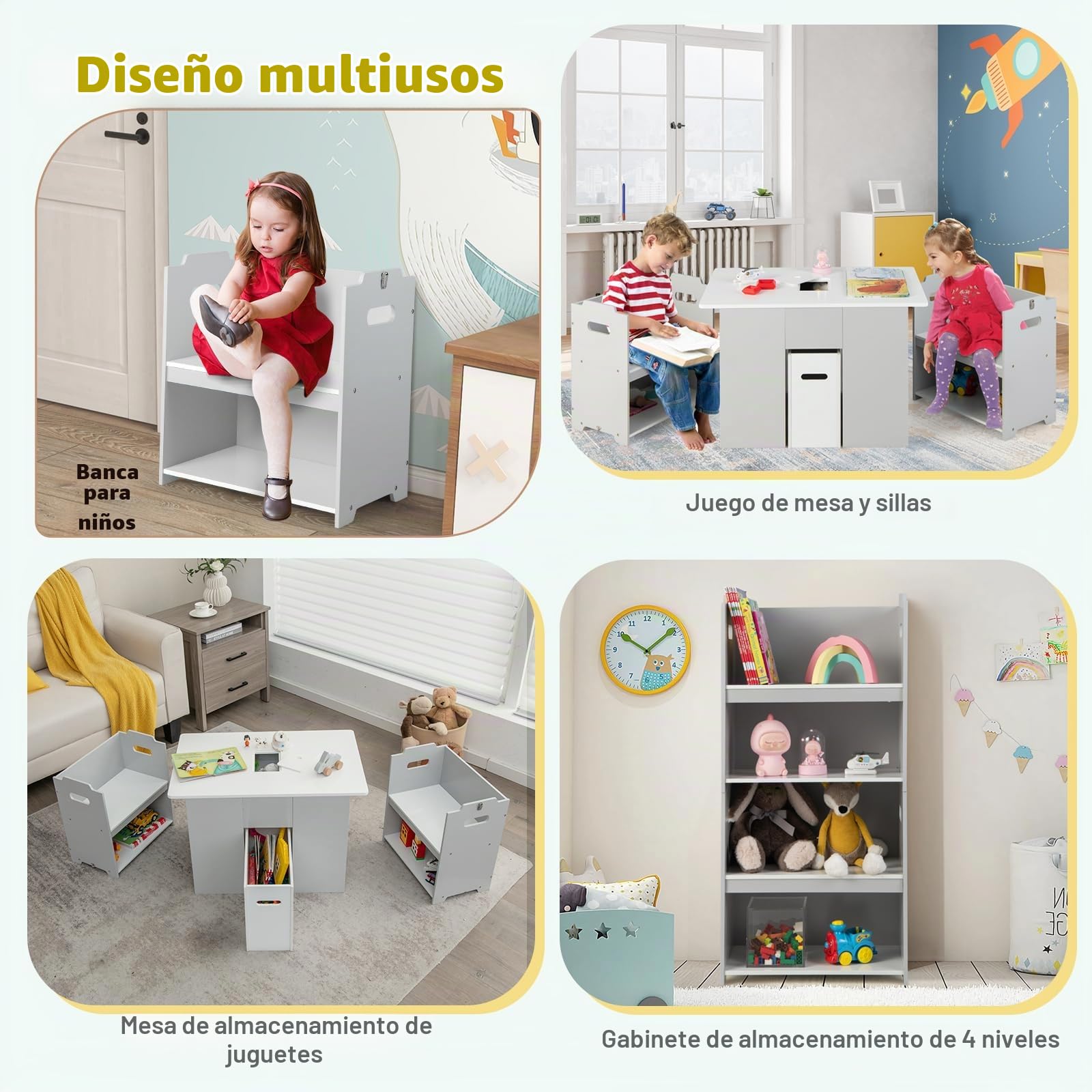 LIFEZEAL Mesa y Sillas Infantil Polivalente con Cubo Extraíble | Escritorio Infantil con 2 Sillas Apilables y Mueble de MDF para Niños