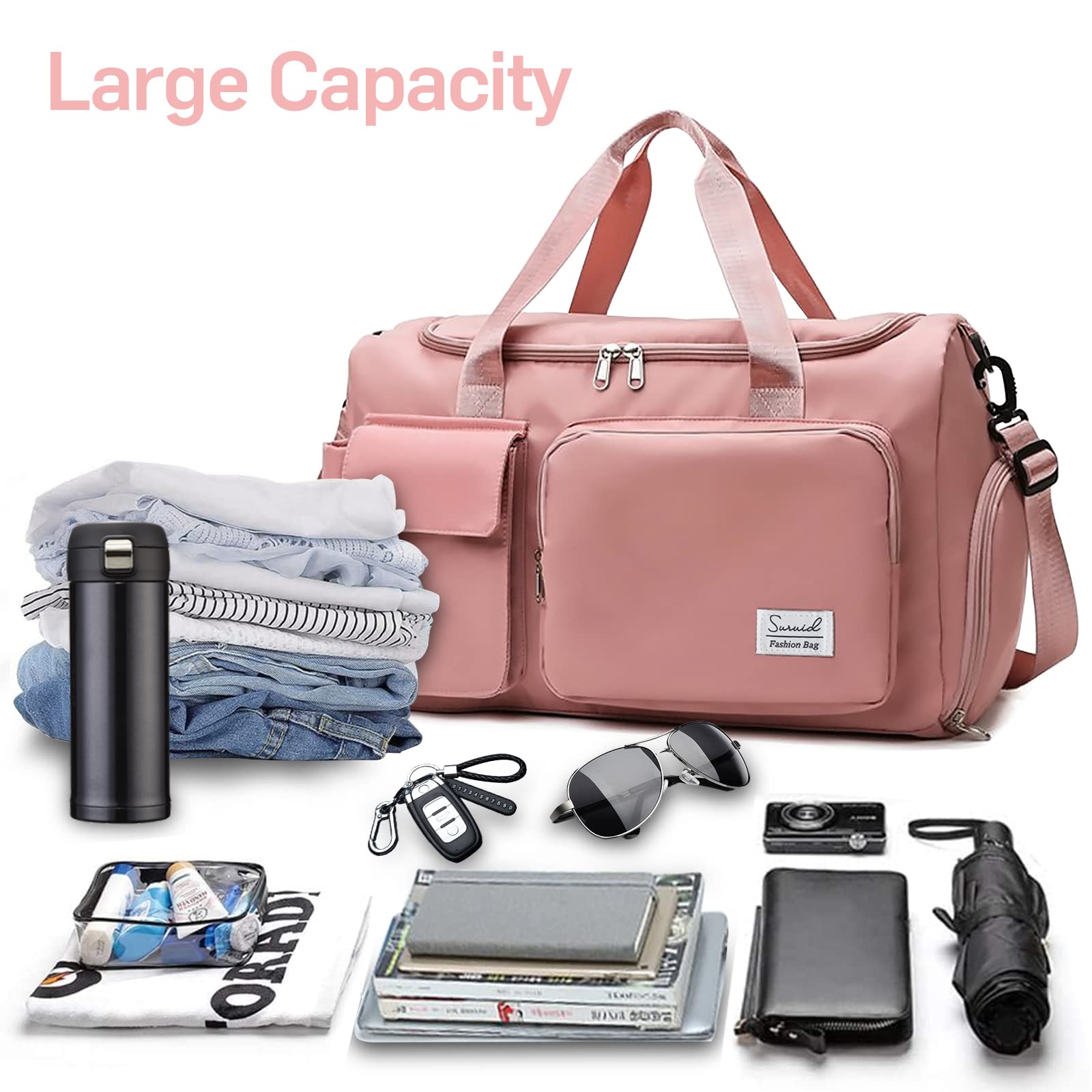 Suruid Sporttasche Damen und Herren Reisetaschen mit Schuhfach & Nassfach Weekender Tasche für Reisen als Handgepäck - Gym Bag,Trainingstasche Rosa