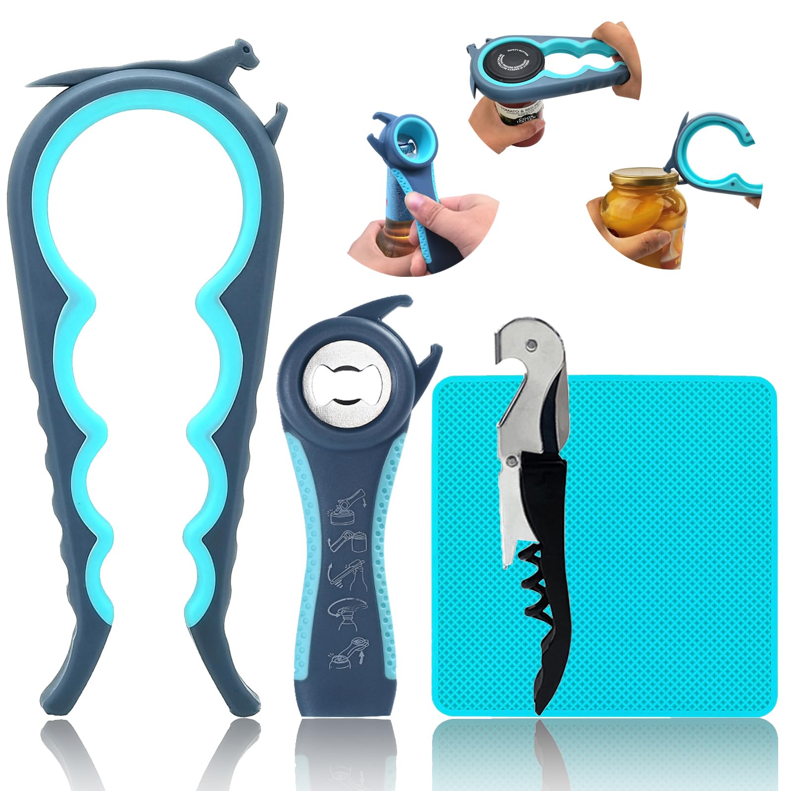 Otstar Grey Jar Opener Bottle Opener Can Opener And Corkscrew Opener In One, Deal For Weak Hands Arthritis Elderly And Children