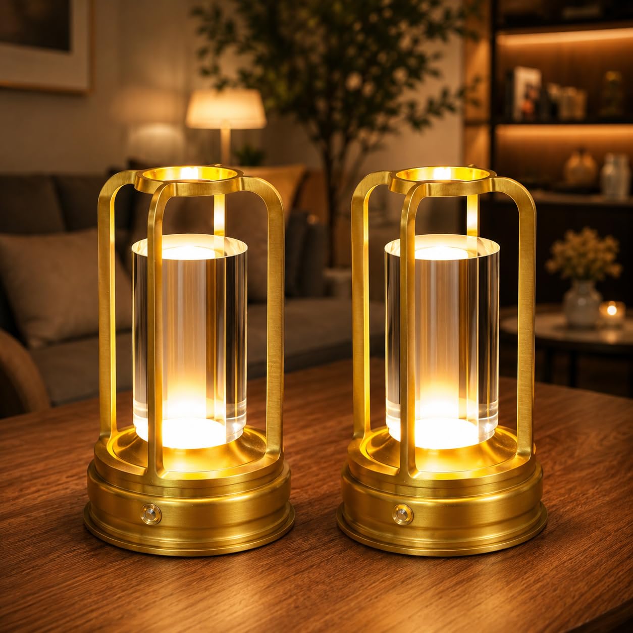 2er Set Tischlampe Kabellos mit Akku, LED Touch Lampe Dimmbar, USB-C Wiederaufladbar, 3 Farbtemperaturen, Aluminium Tischleuchte für Restaurant, Café, Hotel, Schlafzimmer, Gold