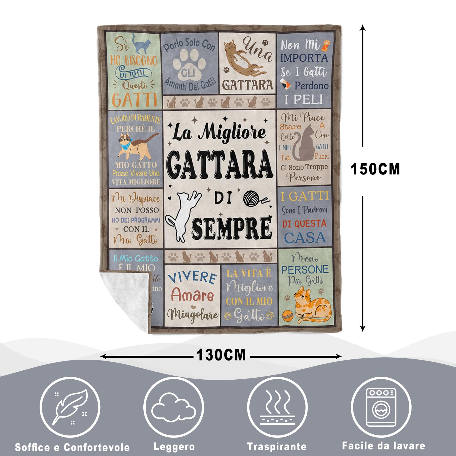 Yesbird Regali per Amanti dei Gatti, Regalo per Donne e Ragazze che Amano i Gatti, La Migliore GATTARA DI SEMPRE, Regalo Donna/Amica, Cat Mom, Tema Cat Coperta 130x150CM