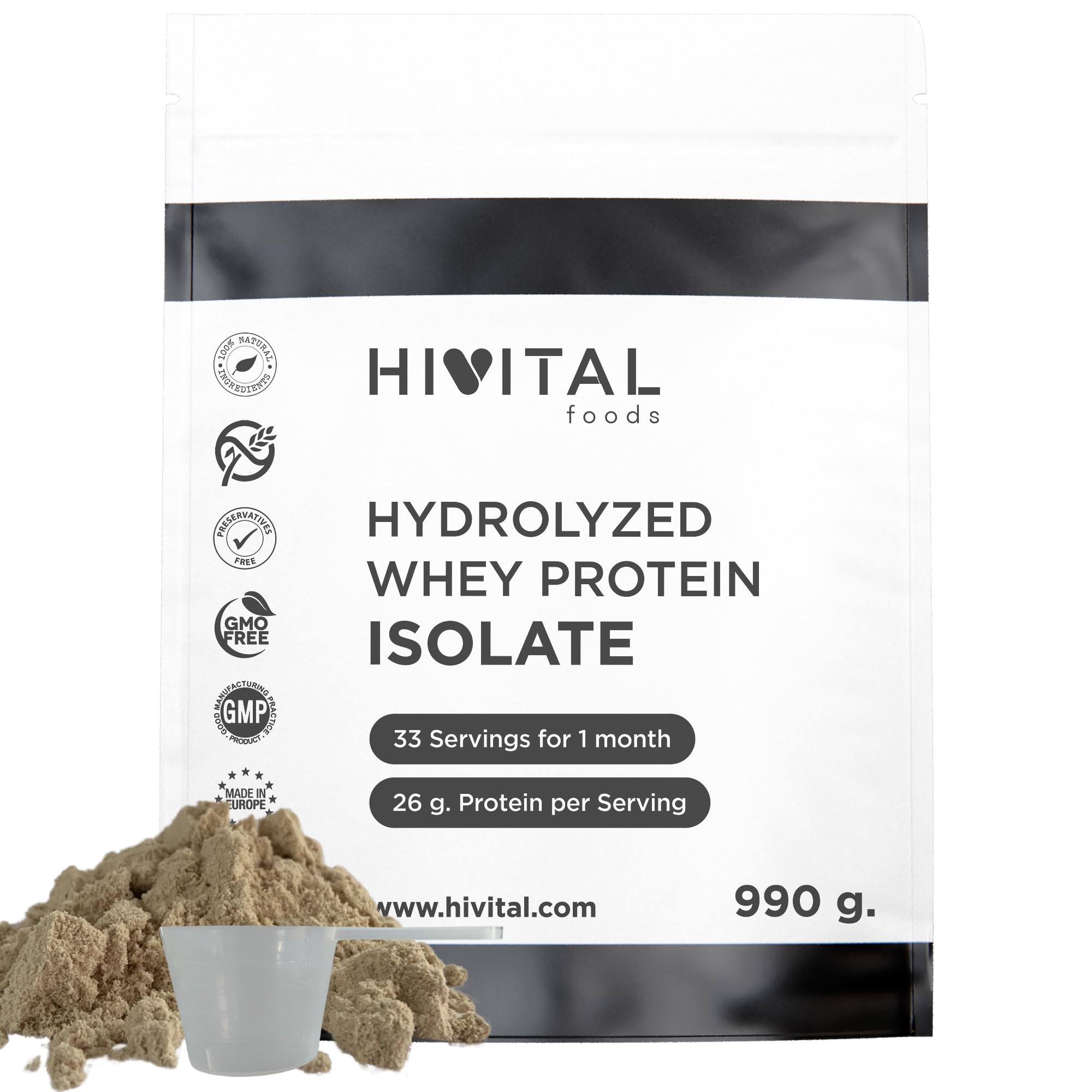 Aislado de Proteína de Suero de Leche 990 g para 1 mes de tratamiento. 26 g al día de Isolate Whey Protein 100% puro y Natural. SIN SABOR. Sin Soja. Fabricado en España por HIVITAL