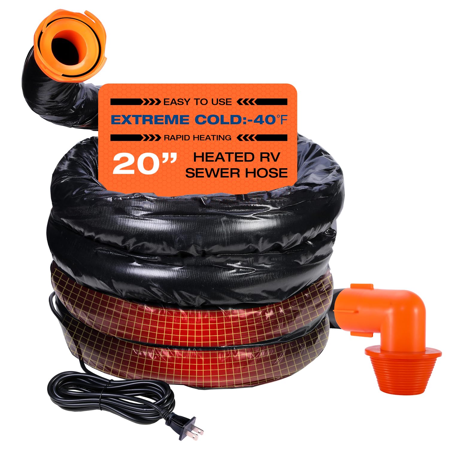 H&G lifestyles 20ft Heated Sewer Hose for Camper, RV Sewer Hose Insulation for Winter, Anti-freeze Heated Sewage Hose, 3-Inche Pipes Easy to Drain and Clog-Free, with Bayonet Fittings & Storage Bag