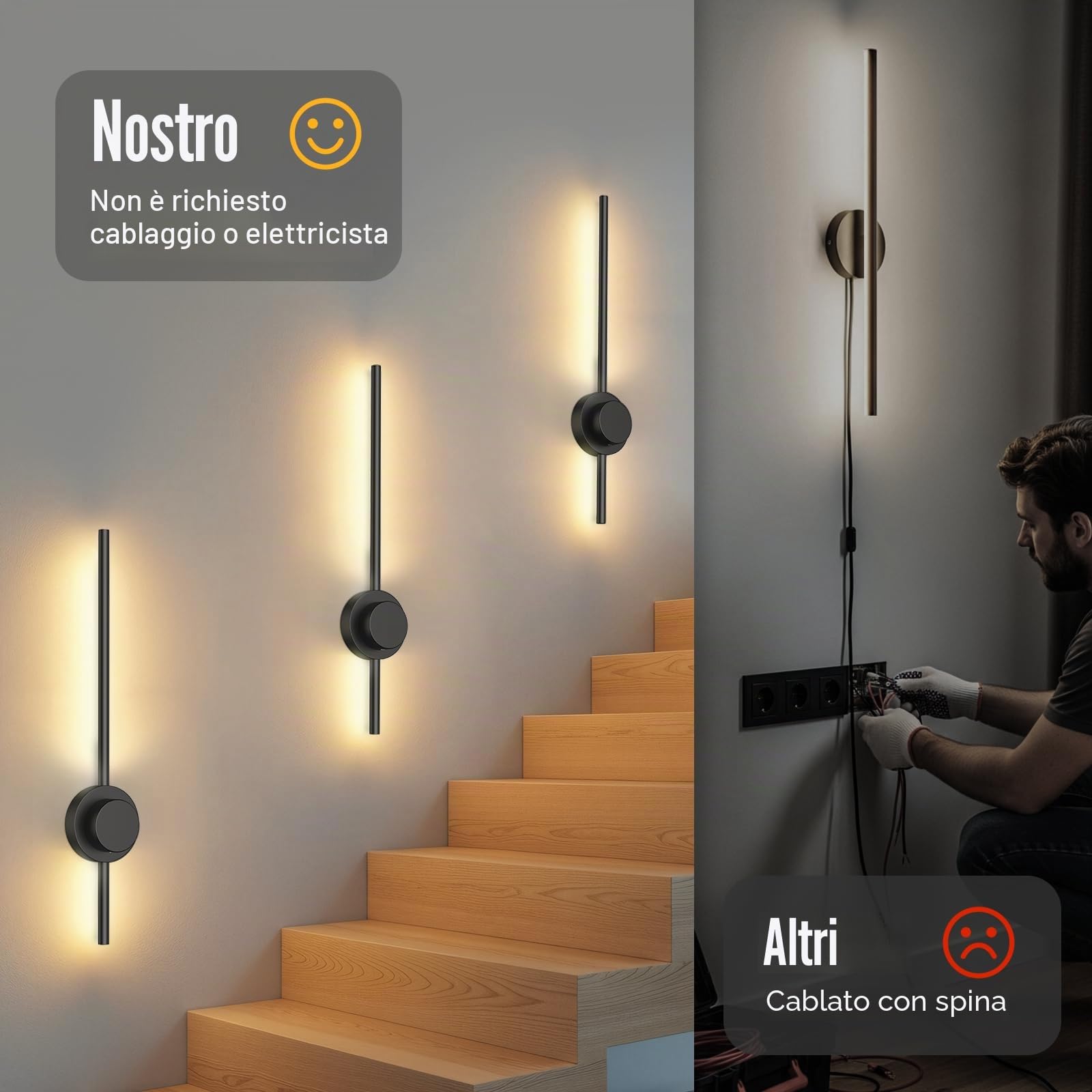 Applique da Parete Interno da 70 cm, Moderna Luci Led Camera da Letto da 8W 30LM, Applique da Parete in Alluminio 3000K/4500K/6000K, Soggiorno, Cucina, Corridoio, Nero (2 Pezzi)