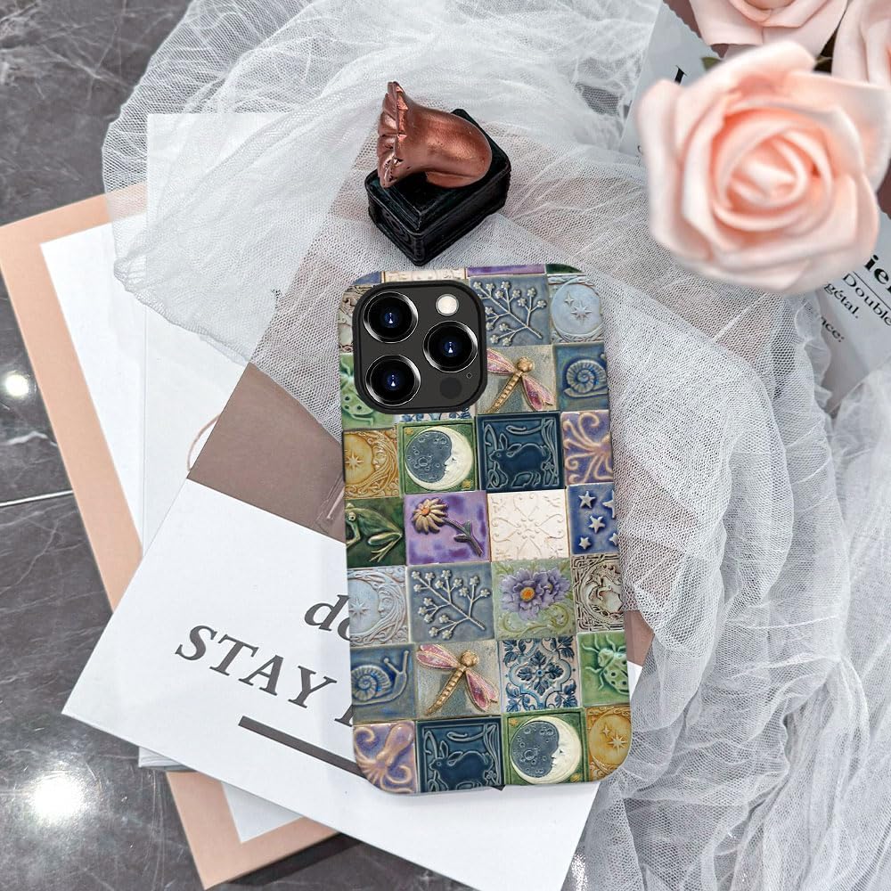 Compatible with iPhone 12 Pro Max,Durable & Shockproof Phone Case Cover Design - Tiles Pattern Moon Dragonfly Flower image 5