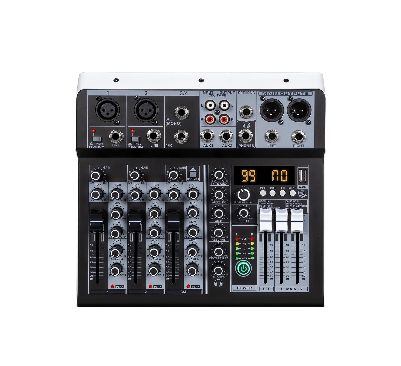 4/6 Channel Interfacer DJ Mixer Sound Board 99-Bit DSP Effect USB Mixer Effects +48V Phantom Bluetooth(4 Channel)