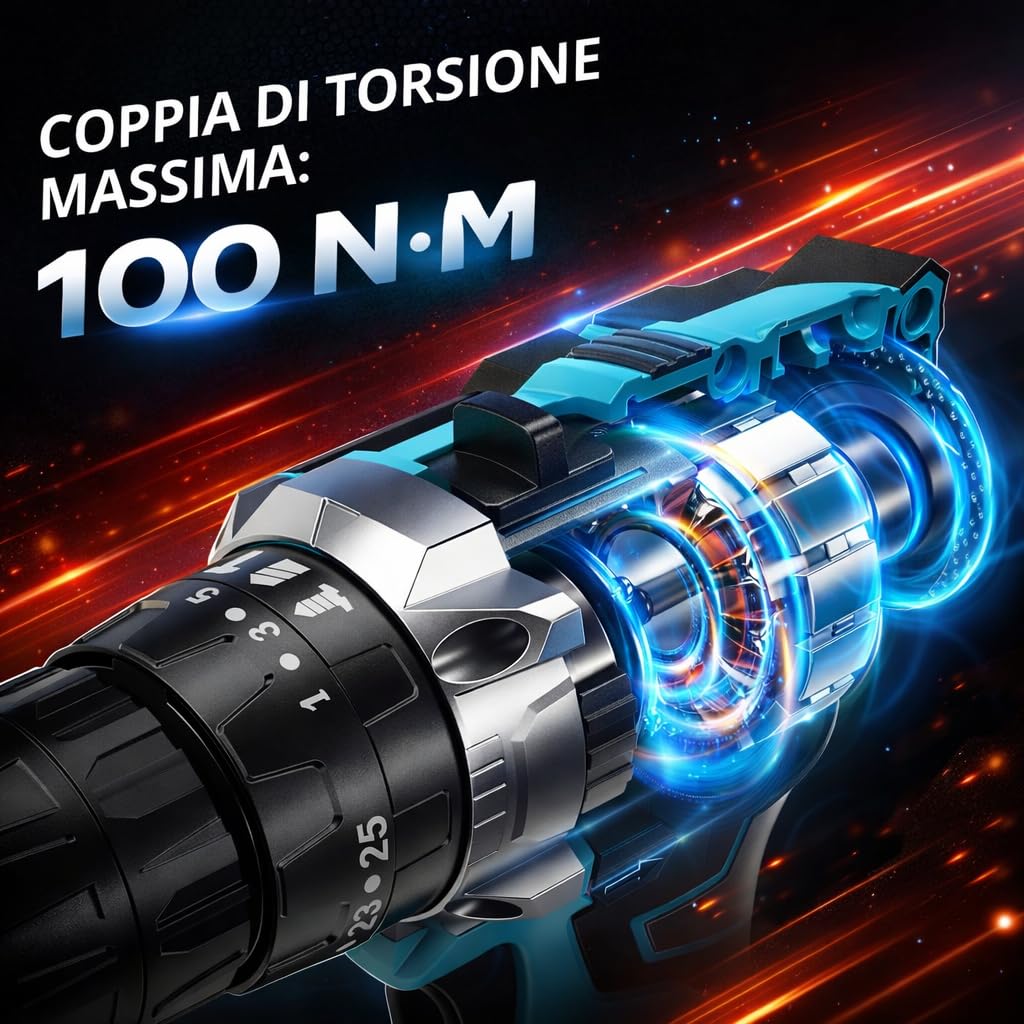 Trapano Avvitatore a Batteria 48V MAX Professionale, 2 Velocità 0-2350 RPM, 25+3 Coppie, Mandrino Autoserrante, Luce LED, Kit Completo con Valigetta e Accessori