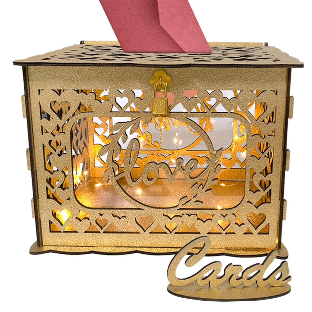 Caja de tarjetas de boda HUIOP de madera con luces para recepción