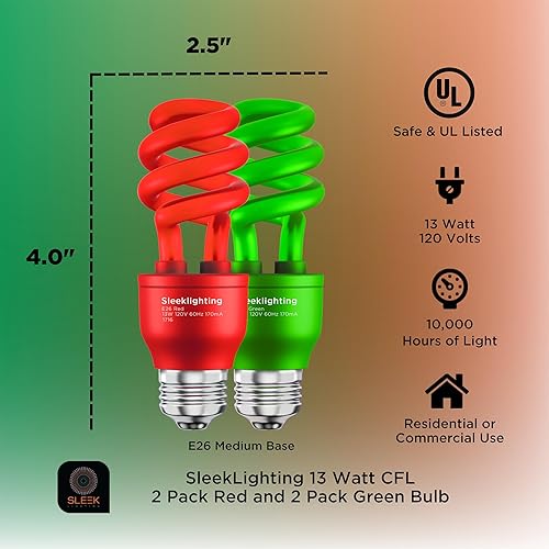 Miniatura 2 de SLEEKLIGHTING Bombilla CFL en espiral de 13 W, aprobada por UL, 120 voltios, base mediana E26 (paquete de 4) (rojo y verde)