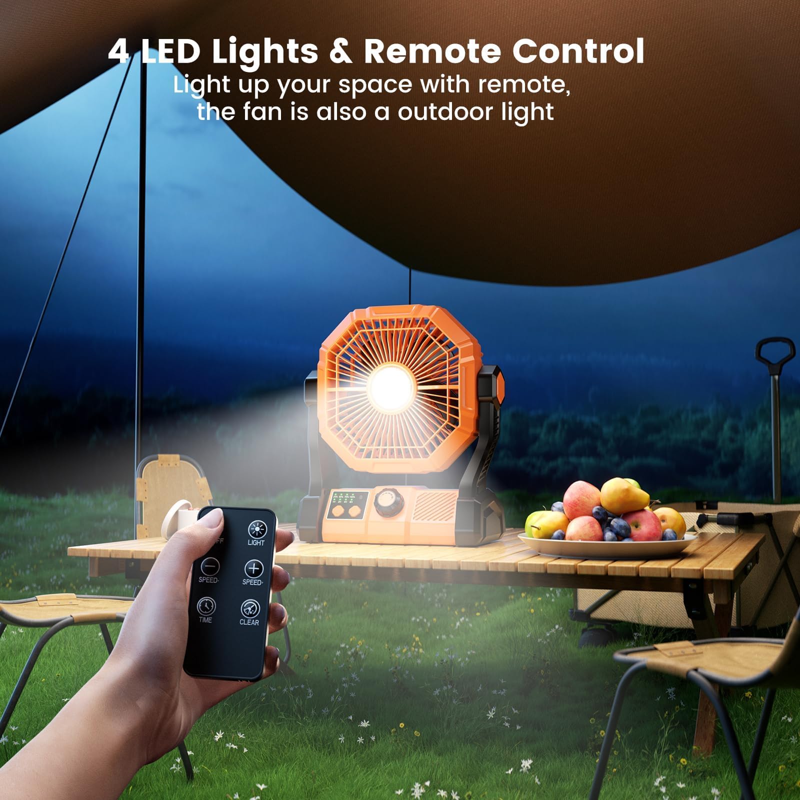 coldSky Rechargeable Portable Fan for Home with LED Light & Remote Control, Battery Table Fan Big Size with 8 High Speeds Wind, Kitchen Fans for Cooking 2