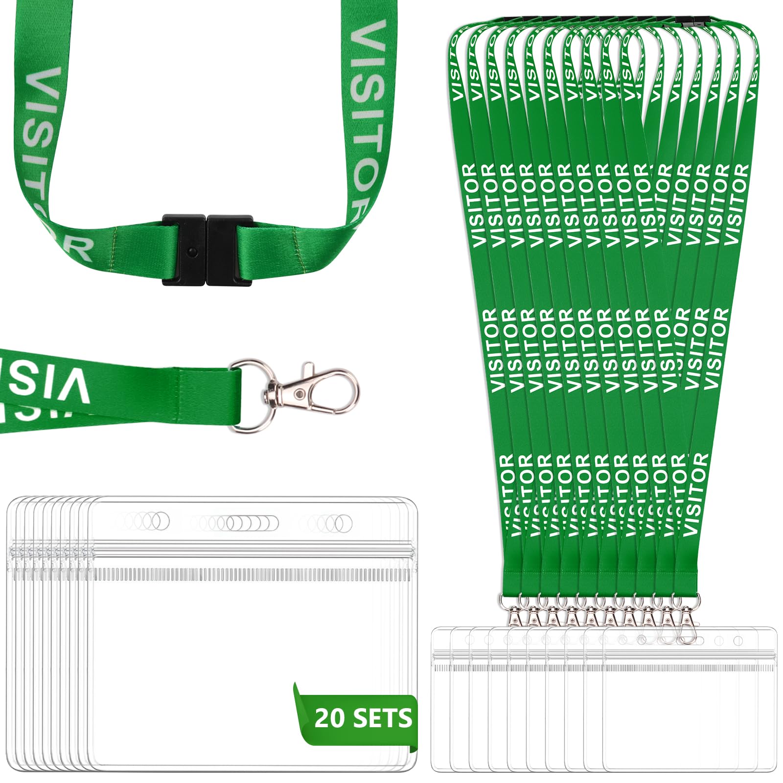 20 Pack Green Visitor Lanyards with 20 ID Card Holders Breakaway Safety Neck Lanyard with Waterproof Clear Badge Holder Bulk ID Holdersfor Events Volunteers Workplaces