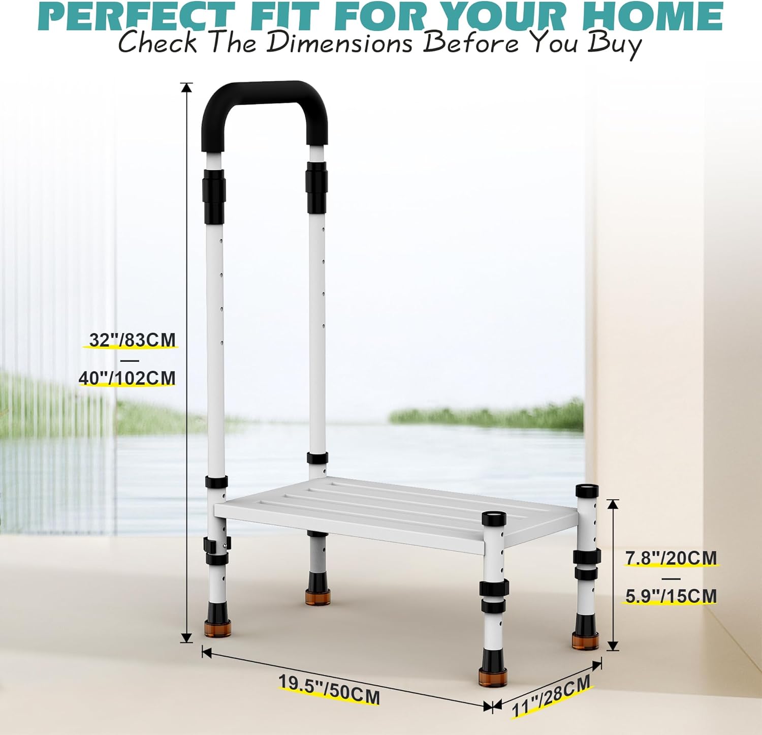 adjustable height car step stool with handrail for rv, suv & truck - 4 legs & handrail height adjustable, heavy duty 800 lbs capacity, non-slip safety step assist for elderly, seniors & mobility aid white