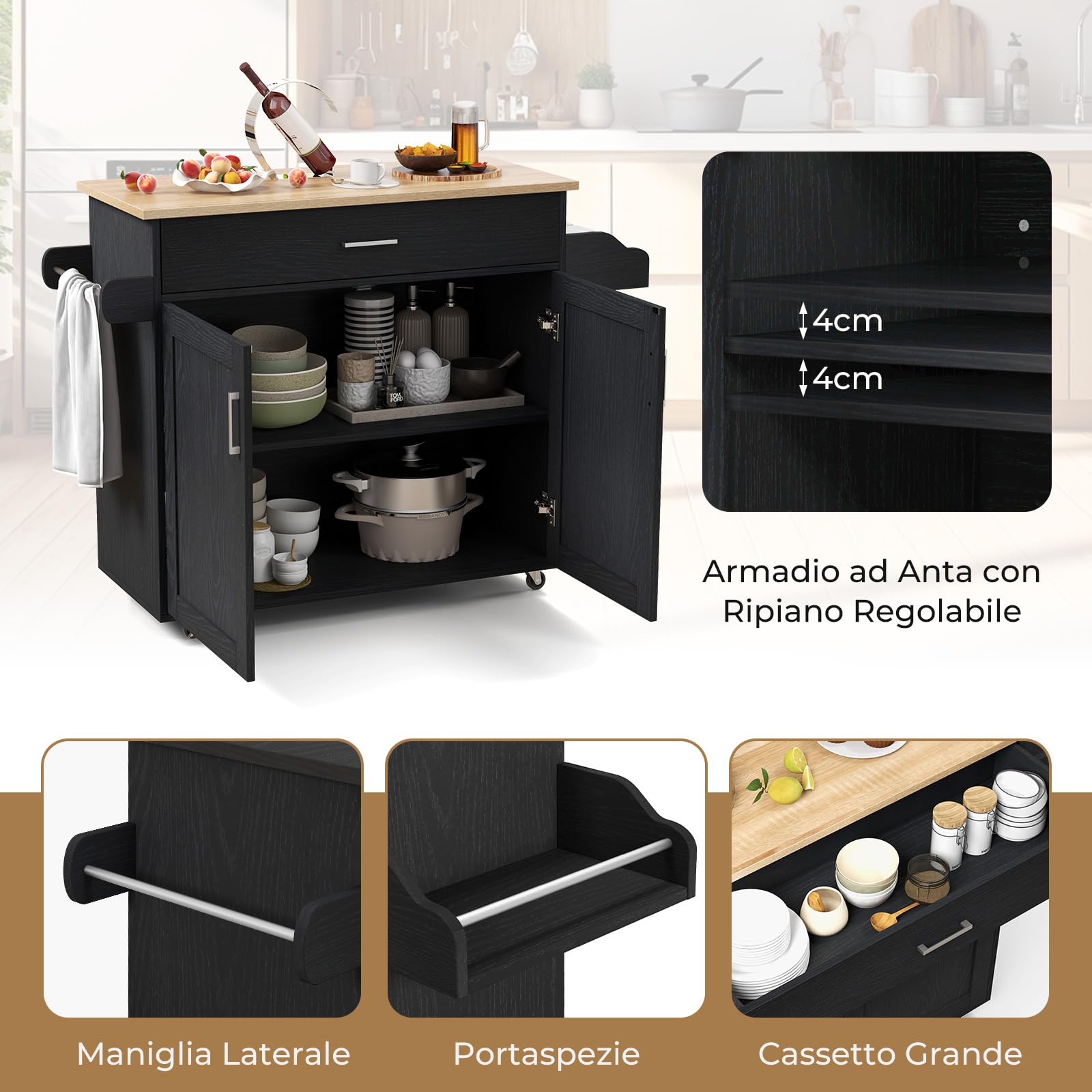 RELAX4LIFE Carro de cocina grande portaobjetos con ruedas deslizantes con frenos de pedales, carro de servicio de madera barnizada con armario y cajones espaciosos, 136 x 76 x 91 cm (negro) (negro)