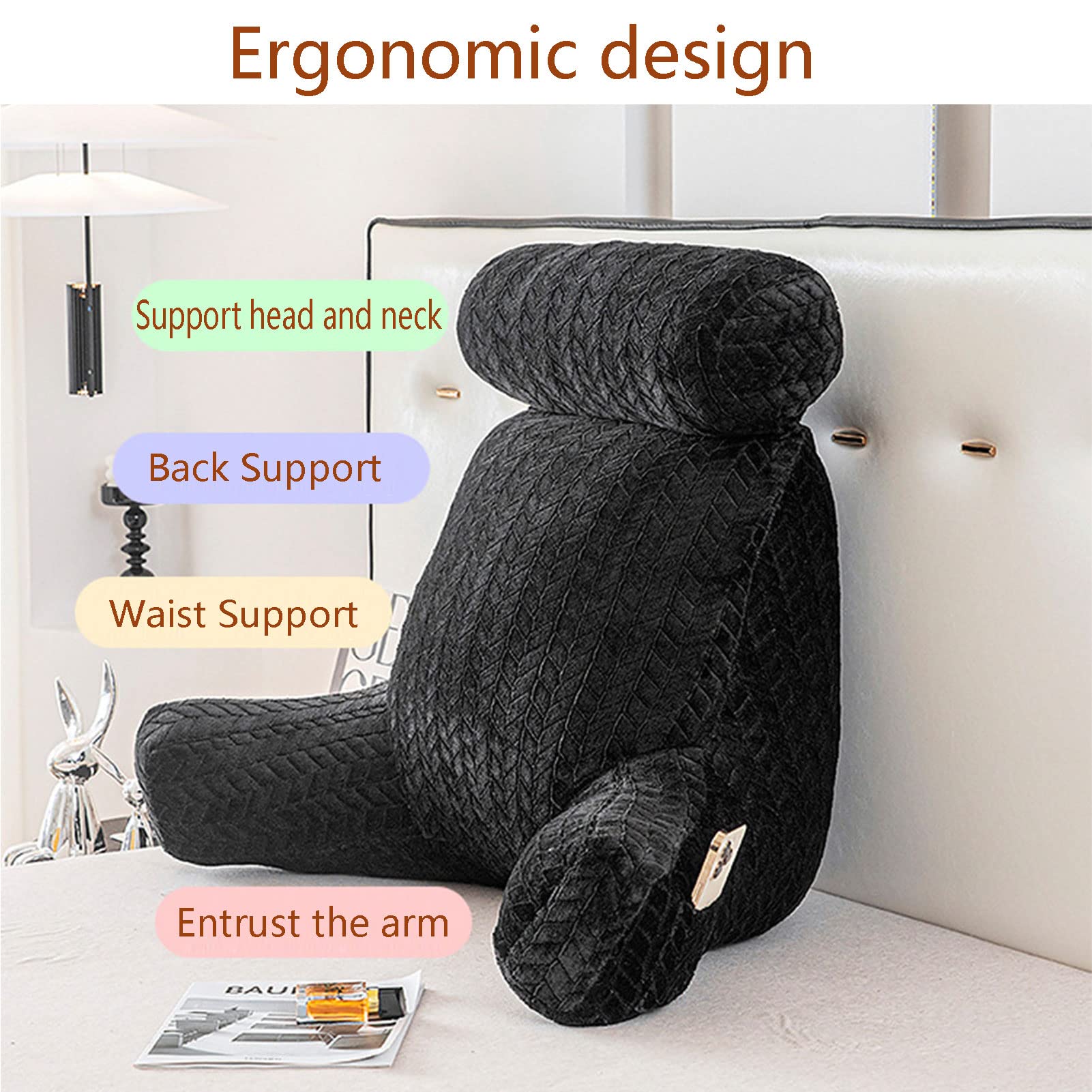 Almohada de lectura con soporte para la espalda para cama, cojín de soporte lumbar, con soporte para cuello y brazos, ideal para soporte de espalda, cama, juegos, lectura, relajación o mirar televisi